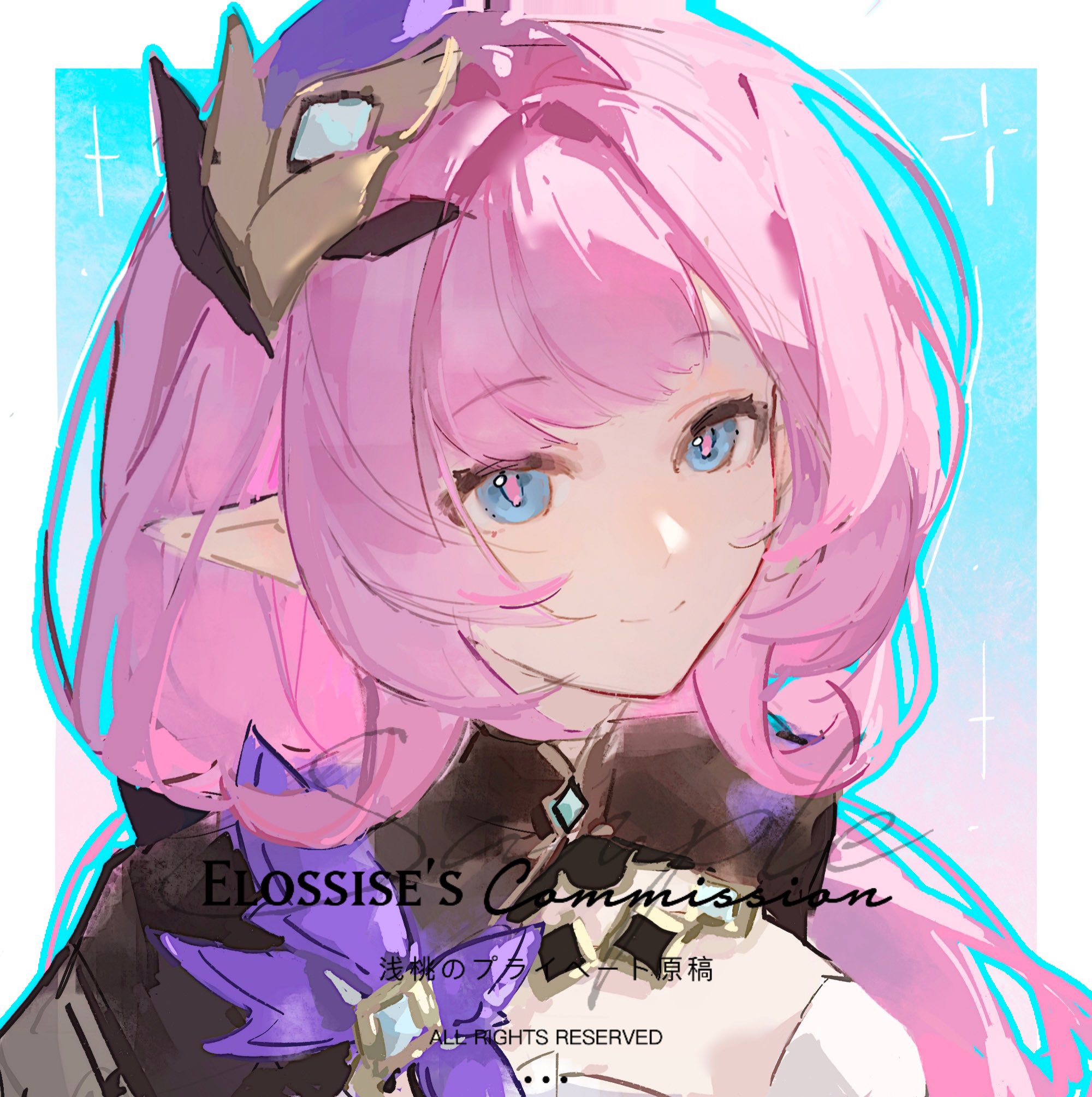 elysia (honkai impact), elysia (miss pink elf) (honkai impact), honkai (series), honkai impact 3rd, artist request, commentary, commission, highres, second-party source, symbol-only commentary, 1girl, blue background, blue eyes, border, breasts, cleavage, corset, elf, long hair, medium breasts, pink hair, pointy ears, sample watermark, shrug (clothing), smile, solo, upper body, very long hair, watermark, white border, white corset