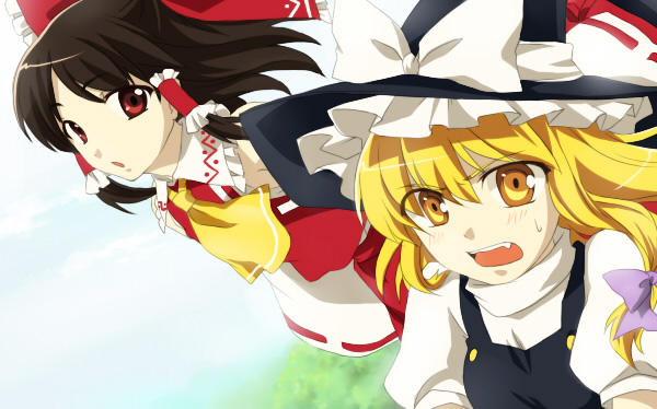 meimone, hakurei reimu, kirisame marisa, touhou, bad id, bad pixiv id, 2girls, :o, blonde hair, brown eyes, brown hair, detached sleeves, female focus, hat, long sleeves, looking at viewer, multiple girls, orange eyes, parted lips, ribbon-trimmed sleeves, ribbon trim, upper body, vest, witch hat
