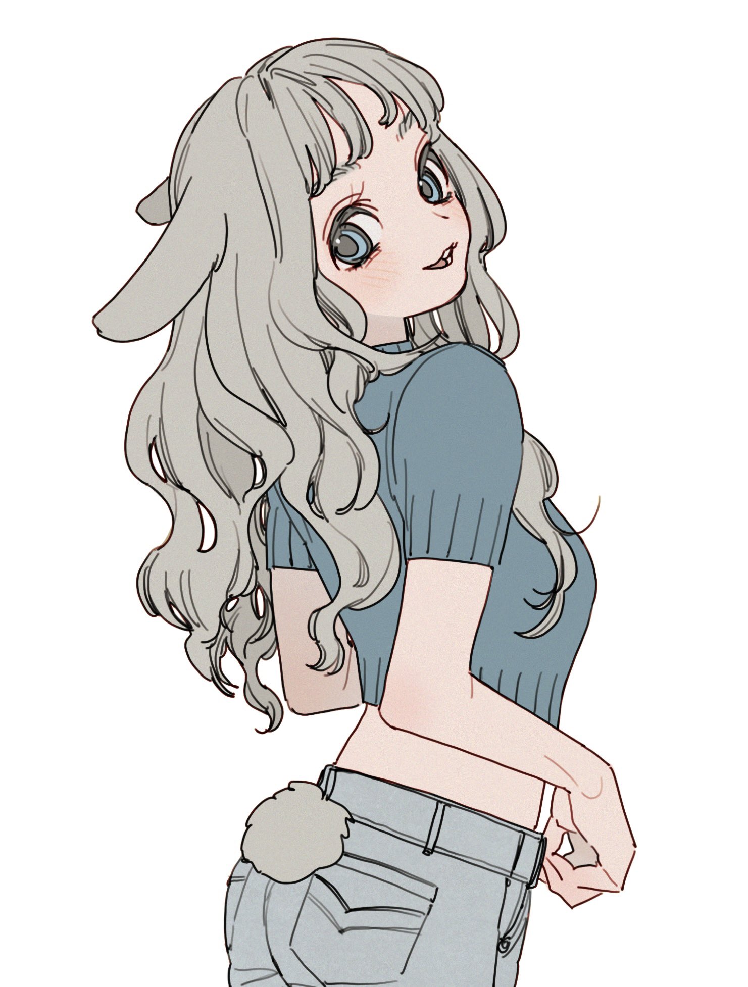 bom (gbombom7), original, highres, 1girl, animal ears, ass, blue eyes, blue shirt, breasts, curly hair, denim, grey hair, jeans, long hair, midriff, open mouth, pants, rabbit ears, rabbit girl, rabbit tail, shirt, short sleeves, simple background, smile, solo, tail, teeth, turning head, white background
