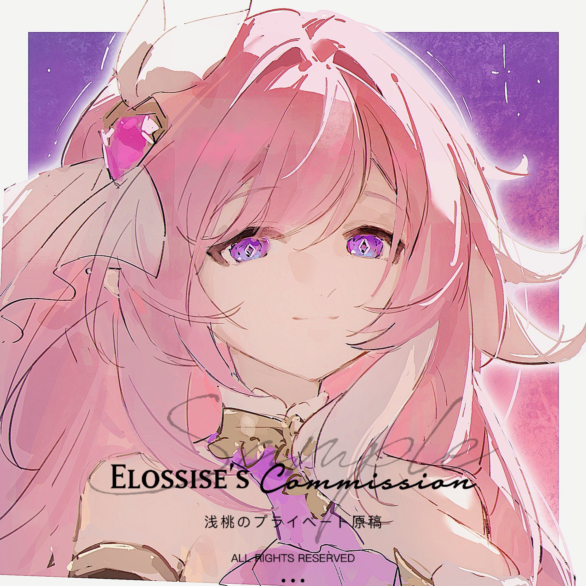 elysia (herrscher of human: ego) (honkai impact), elysia (honkai impact), honkai (series), honkai impact 3rd, artist request, commentary, commission, highres, second-party source, symbol-only commentary, 1girl, bare shoulders, border, breasts, corset, diamond-shaped pupils, diamond (shape), hair ornament, large breasts, long hair, multicolored hair, pink hair, purple background, purple eyes, sample watermark, smile, solo, symbol-shaped pupils, two-tone hair, very long hair, watermark, white border, white corset, white hair