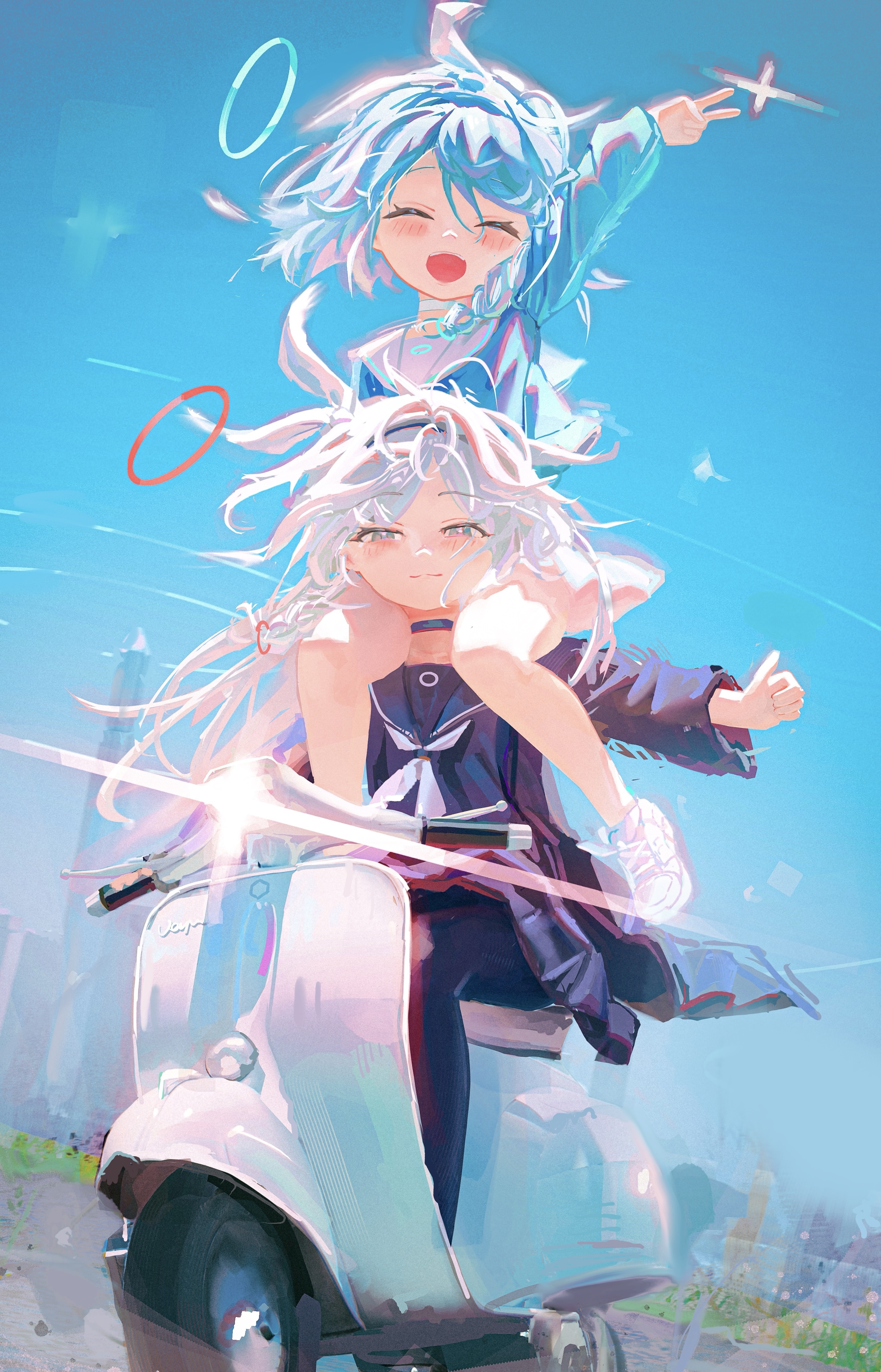 hsch, arona (blue archive), plana (blue archive), blue archive, absurdres, highres, 2girls, black choker, black neckerchief, black pantyhose, black shirt, black skirt, blue eyes, blue hair, blue shirt, blush, choker, closed mouth, colored inner hair, grey hair, halo, long hair, long sleeves, looking at viewer, motor vehicle, multicolored hair, multiple girls, narrowed eyes, neckerchief, open mouth, pantyhose, pink hair, scooter, shirt, shoes, short hair, sitting on shoulder, skirt, smile, sneakers, white shoes
