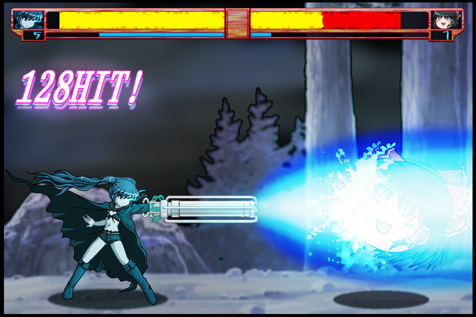 hayashiya zankurou, black rock shooter (character), hakurei reimu, hatsune miku, black rock shooter, m.u.g.e.n, touhou, vocaloid, 10s, 1girl, arm cannon, boots, cape, combo counter, crossover, energy beam, fake screenshot, female focus, fighting game, flat chest, long hair, midriff, shorts, solo, twintails, weapon, yukkuri shiteitte ne