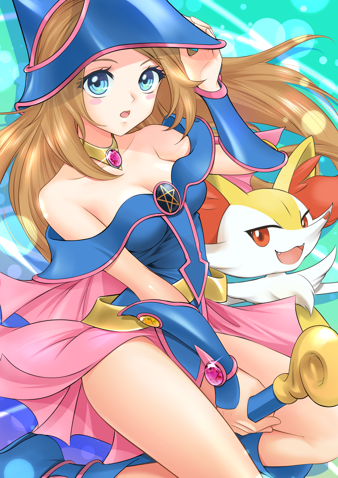 maskmaya1, braixen, dark magician girl, serena (pokemon), nintendo, pokemon, yu-gi-oh!, commission, highres, skeb commission, 1girl, 1other, aqua eyes, bare shoulders, blue dress, blush, breasts, brown hair, cleavage, collarbone, cosplay, dark magician girl (cosplay), detached collar, dress, fox, gen 6 pokemon, hat, holding, holding staff, jewelry, long hair, looking at viewer, mage staff, medium breasts, open mouth, orange eyes, pokemon (creature), staff, thighs, very long hair, wizard hat