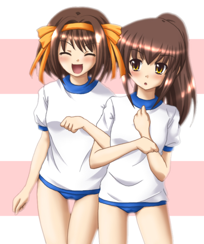 hayashiya zankurou, kyonko, suzumiya haruhi, suzumiya haruhi no yuuutsu, 00s, 2girls, blouse, genderswap, genderswap (mtf), gym uniform, multiple girls, ponytail, ribbon, shirt, white shirt