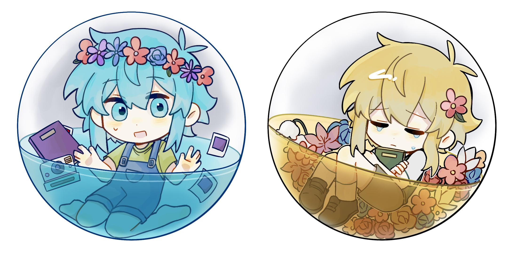 gongs0313, basil (faraway) (omori), basil (headspace) (omori), basil (omori), omori, chinese commentary, commentary request, highres, 2boys, :d, ||/, ankle socks, antenna hair, bare legs, barefoot, black shoes, black sweater vest, blue eyes, blue flower, blue hair, blue overalls, blue rose, book, brown shorts, camera, chibi, chibi only, closed mouth, crying, dot nose, double-parted bangs, dual persona, flower, flower wreath, frown, full body, green shirt, hair between eyes, hair flower, hair ornament, hands up, head wreath, holding, holding book, hugging book, hugging object, knees up, leaf, lily of the valley, looking at viewer, male focus, multiple boys, open mouth, overall shorts, overalls, pale skin, photo (object), pigeon-toed, pink flower, purple flower, raised inner eyebrows, red flower, rose, shirt, shoes, short hair, short sleeves, shorts, sidelocks, simple background, sitting, smile, socks, sweatdrop, sweater vest, t-shirt, tulip, wariza, white background, white flower, white shirt, white socks, white tulip
