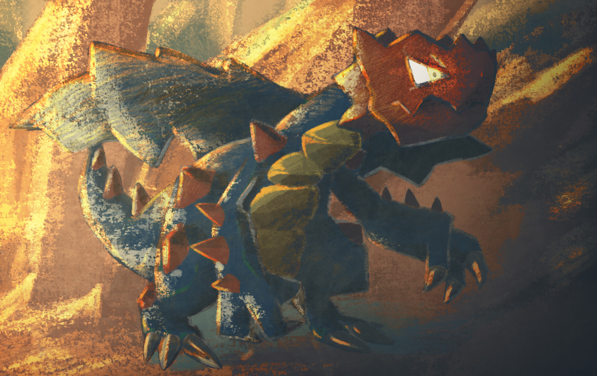 gen2 (gengorokickmast), druddigon, nintendo, pokemon, highres, cave interior, claws, closed mouth, dragon, dragon wings, full body, gen 5 pokemon, no humans, pokemon (creature), pokemon focus, solo, spikes, v-shaped eyes, wings, yellow eyes