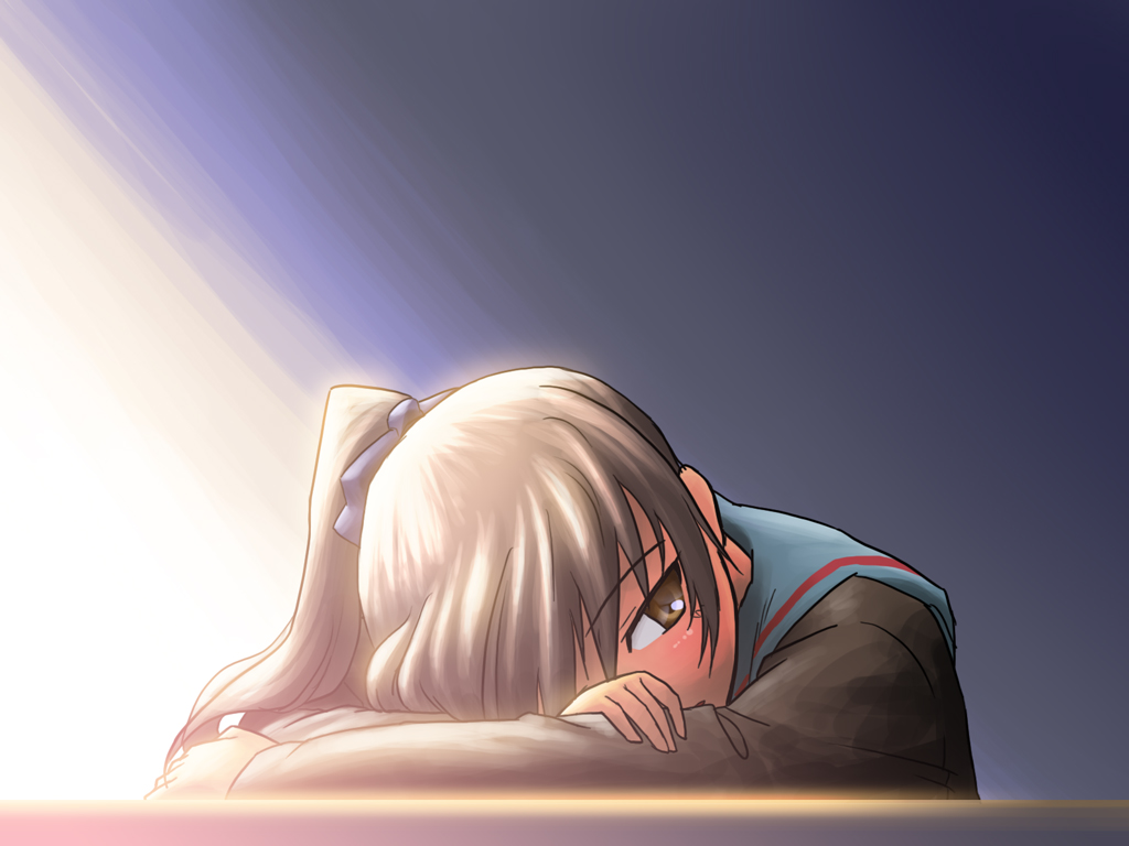 fumotono mikoto, kyonko, suzumiya haruhi no yuuutsu, 00s, 1girl, cardigan, female focus, genderswap, genderswap (mtf), ponytail, ribbon, school uniform, serafuku, solo