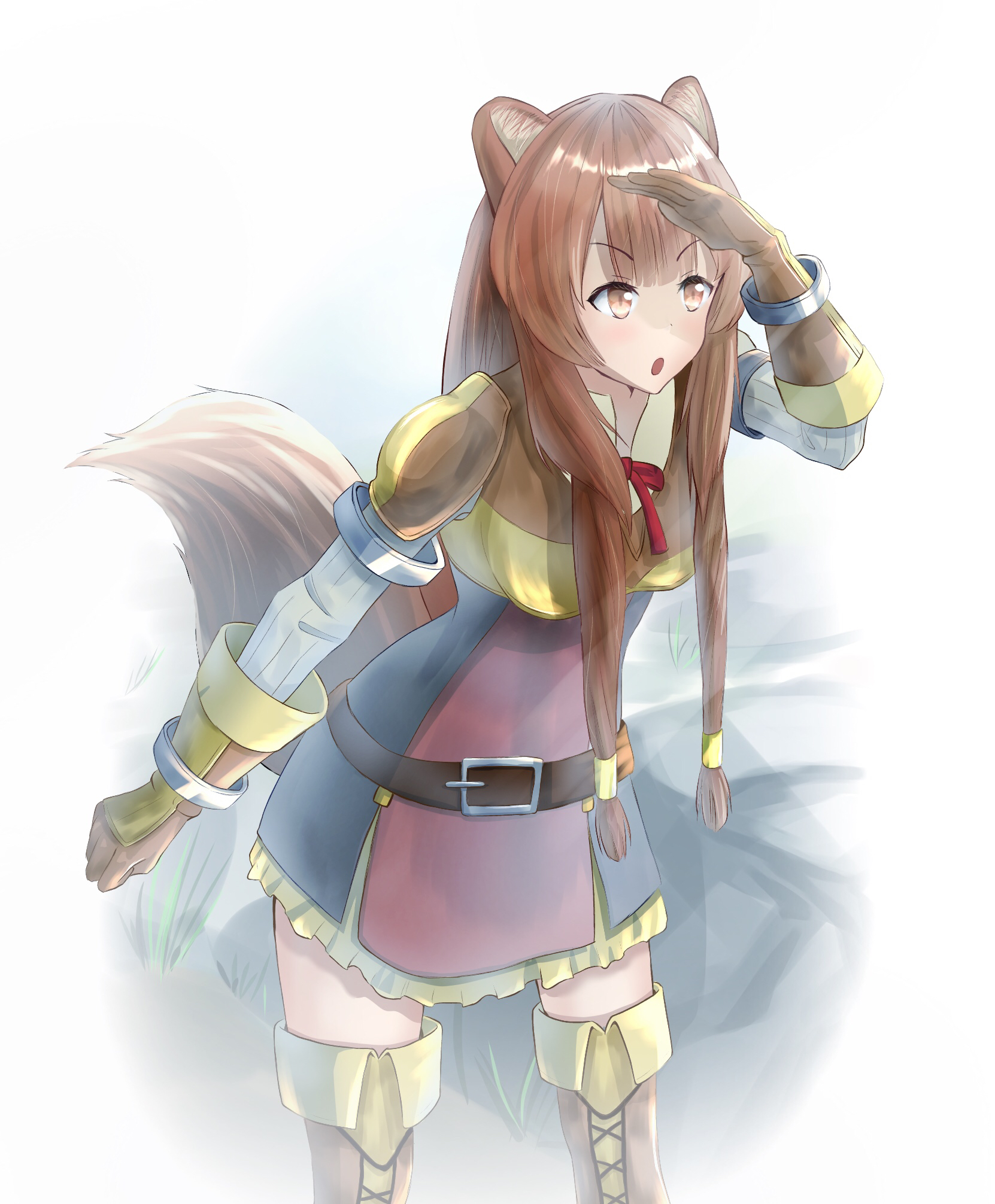 l-phy, raphtalia, tate no yuusha no nariagari, commentary, highres, 1girl, :o, alternate eye color, armor, armored gloves, belt, black dress, blunt bangs, boots, breastplate, breasts, brown belt, brown boots, brown eyes, brown gloves, brown hair, cowboy shot, double-parted bangs, dress, elbow gloves, gloves, hand up, long hair, long sleeves, looking ahead, looking down, medium breasts, metal arm cuffs, metal hair tubes, metal wrist cuffs, neck ribbon, open mouth, pauldrons, pinstripe dress, pinstripe pattern, red dress, red ribbon, ribbon, shading eyes, short dress, shoulder armor, single pauldron, sleeveless, sleeveless dress, solo, standing, straight hair, thigh boots, thighhighs, two-tone dress, white background, white dress, zettai ryouiki