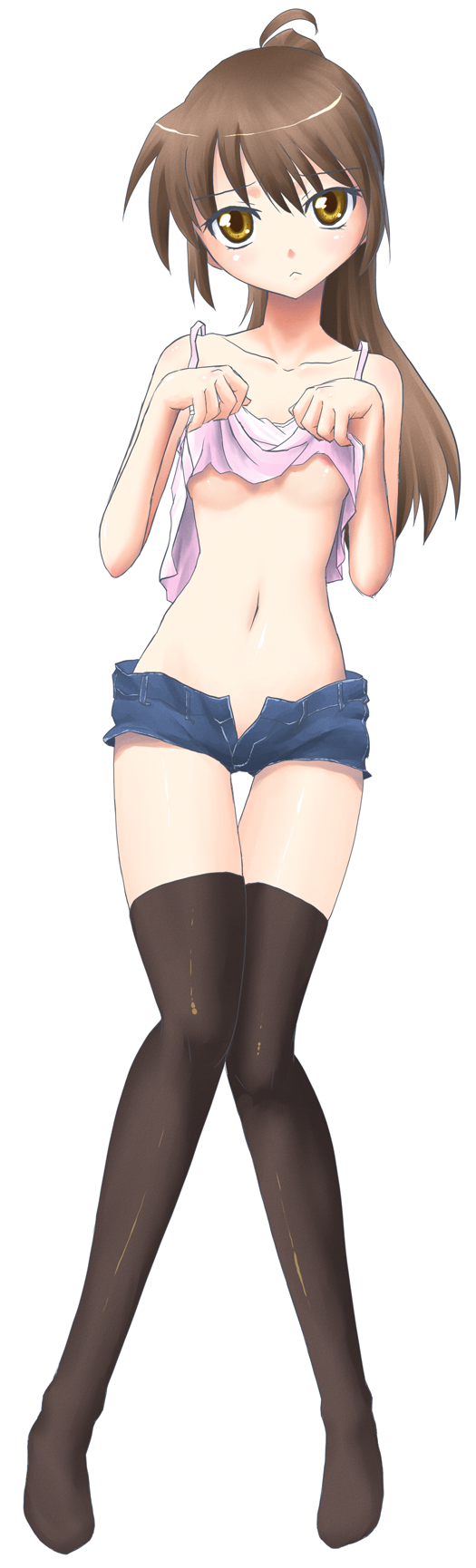 fumotono mikoto, kyonko, suzumiya haruhi no yuuutsu, highres, long image, tall image, 00s, 1girl, :<, camisole, clothes lift, denim, denim shorts, female focus, genderswap, genderswap (mtf), ponytail, shirt lift, short shorts, shorts, solo, thighhighs, unbuttoned, unzipped