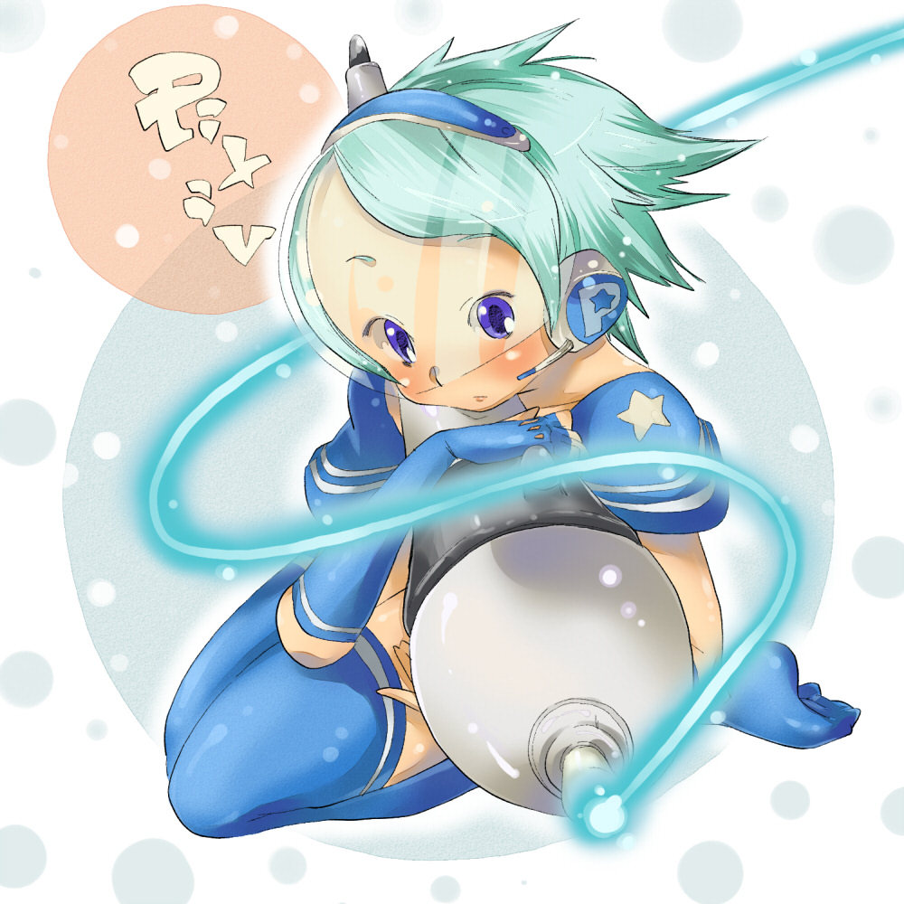 ushihashiru, pixiv-tan, pixiv, 1girl, aqua hair, blue eyes, blush, elbow gloves, female focus, fingerless gloves, gloves, headset, pen, short hair, solo, thighhighs