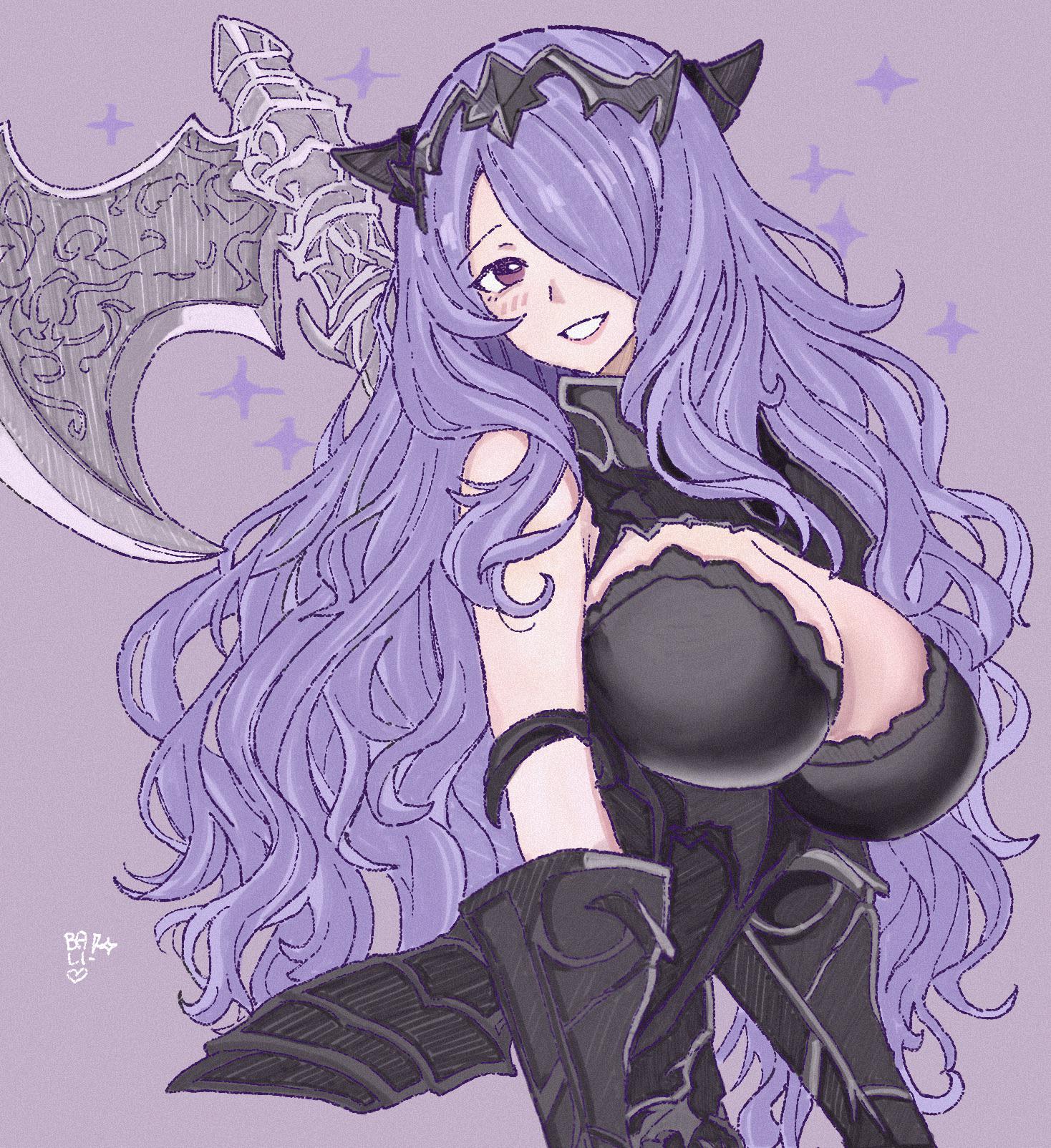 camilla (fire emblem), fire emblem, fire emblem fates, nintendo, commentary, english commentary, highres, 1girl, :d, armor, artist logo, axe, bare shoulders, black armor, black tiara, breasts, cleavage, cropped torso, gauntlets, grin, hair over one eye, large breasts, logo, long hair, looking at viewer, open mouth, purple eyes, purple hair, shelovesbali, simple background, smile, solo, star (symbol), tiara, weapon, weapon on back