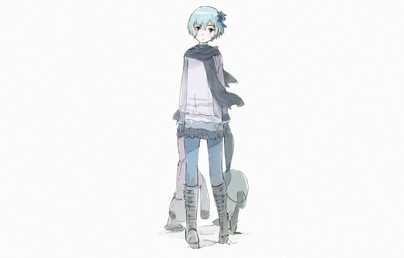 uki atsuya, penny (advance wars), advance wars, advance wars: days of ruin, 1girl, aqua hair, boots, female focus, gloves, scarf, short hair, solo, stuffed animal, stuffed toy, teddy bear