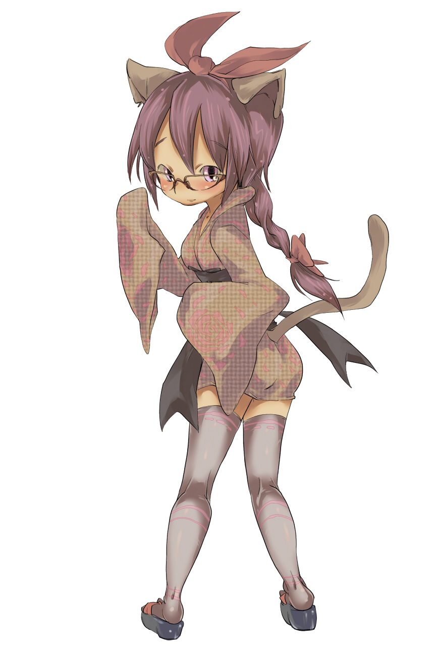 ushihashiru, original, highres, animal ears, braid, cat ears, cat tail, glasses, japanese clothes, kimono, solo, tail, thighhighs