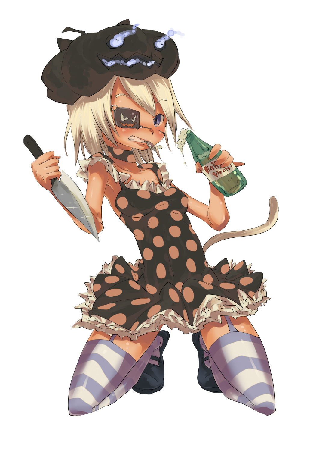 ushihashiru, original, highres, 1girl, blonde hair, blue eyes, bottle, cleaver, dress, eyepatch, female focus, garter straps, halloween, hat, kneeling, knife, mary janes, patterned legwear, polka dot, polka dot dress, shoes, short hair, solo, striped clothes, striped thighhighs, tail, thighhighs