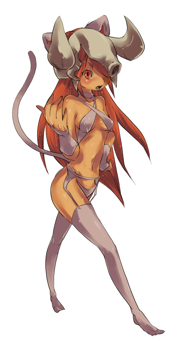 ushihashiru, original, highres, animal ears, cat ears, cat tail, horns, long hair, red eyes, red hair, solo, tail, thighhighs