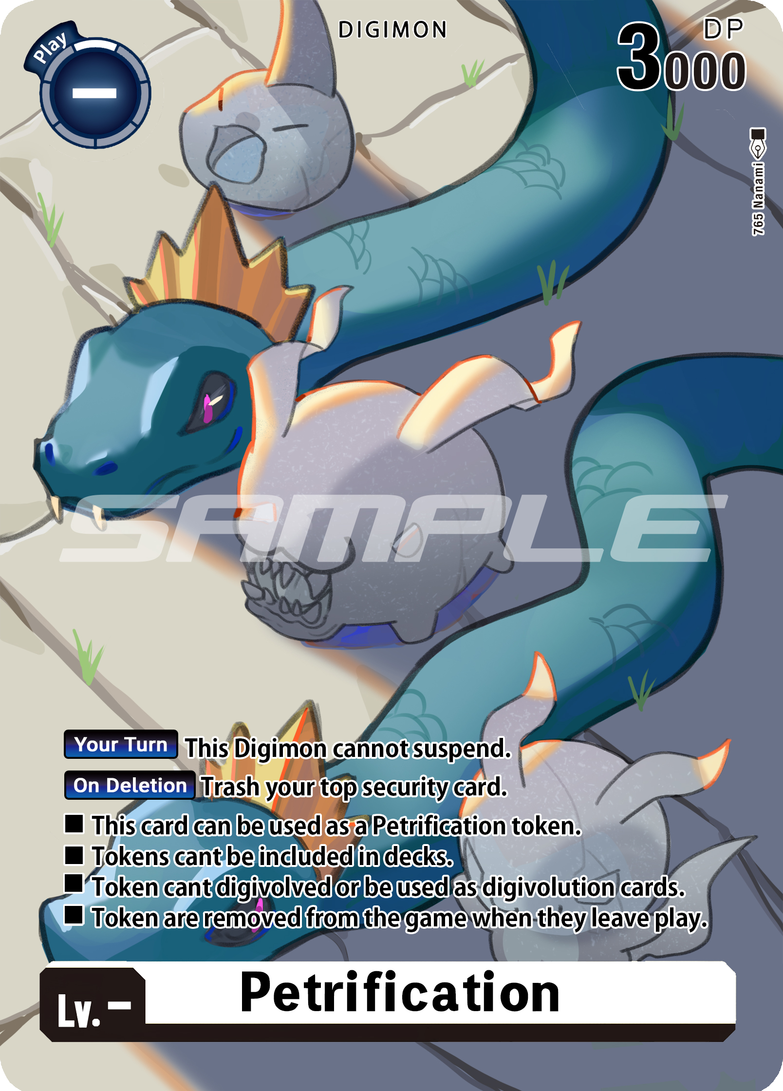 765 nanami, chibimon, medusamon, tokomon, tunomon, digimon, digimon card game, black sclera, colored sclera, crown, digimon (creature), petrification, pink eyes, tail, token (tcg)