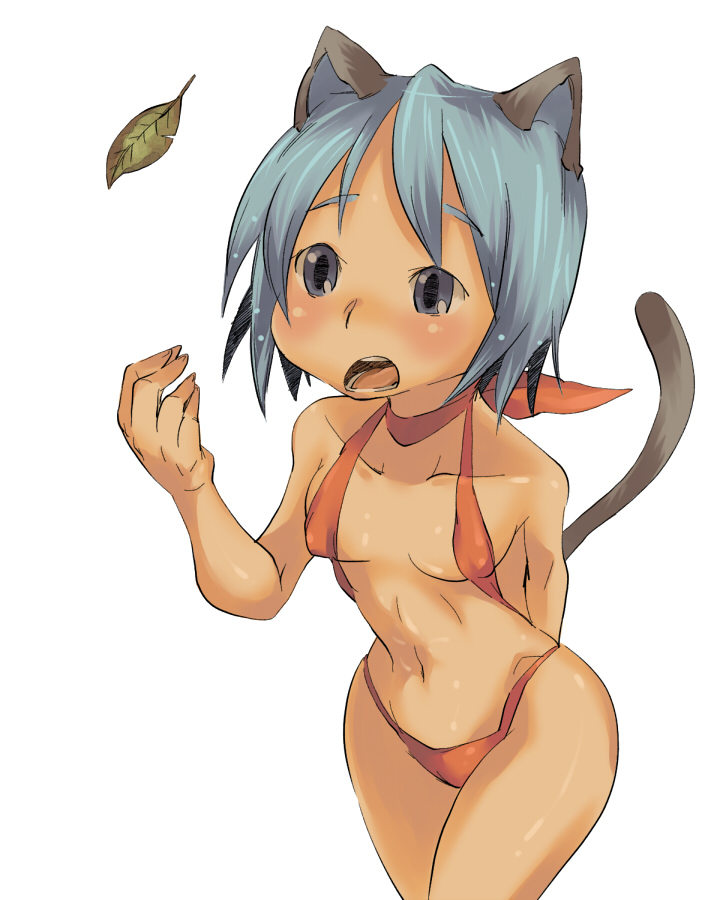 ushihashiru, original, animal ears, bikini, blue eyes, blue hair, cat ears, cat tail, orange bikini, short hair, solo, swimsuit, tail
