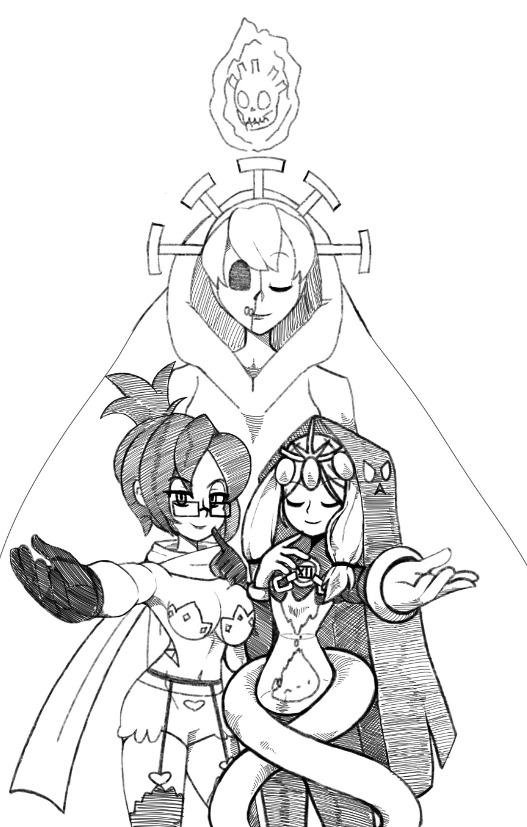 zerotosix06, aeon (skullgirls), mother (skullgirls), skull heart, venus (skullgirls), skullgirls, 3girls, black hair, bracelet, closed eyes, crown, garter belt, gloves, greyscale, hood, hourglass, jewelry, looking at viewer, monochrome, mother and daughter, multiple girls, outstretched arms, scarf, semi-rimless eyewear, smile, thighhighs, tiara