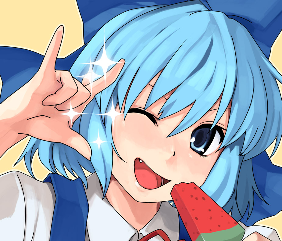 rkrk, cirno, macross, macross frontier, touhou, bad id, bad pixiv id, 1girl, m/, blue eyes, blue hair, circled 9, fang, female focus, food, fruit, matching hair/eyes, one eye closed, parody, popsicle, seikan hikou, short hair, solo, watermelon, watermelon bar, wink