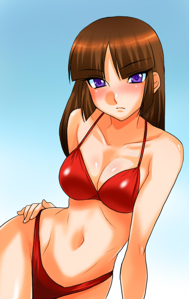 tooru jin, shiho hahnenfuss, gundam, gundam seed, gundam seed destiny, 00s, 1girl, bikini, blush, breasts, brown hair, cleavage, female focus, hand on own hip, hip focus, long hair, navel, purple eyes, red bikini, solo, swimsuit