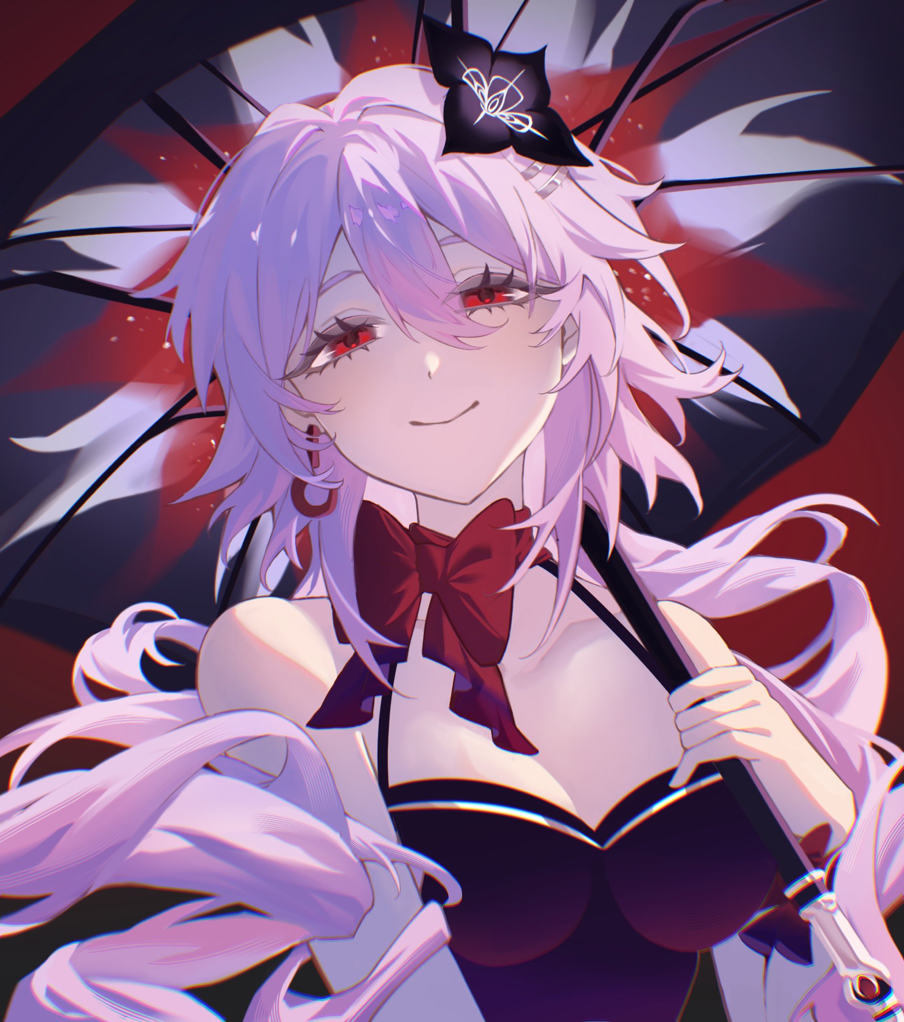 miiilkfoam, evernight (honkai: star rail), march 7th (honkai: star rail), honkai: star rail, honkai (series), highres, 1girl, alternate costume, bare shoulders, bow, breasts, choker, cleavage, hair ornament, hairclip, holding, holding umbrella, long hair, looking at viewer, pink hair, red bow, red choker, red eyes, smile, solo, spaghetti strap, umbrella, upper body, very long hair