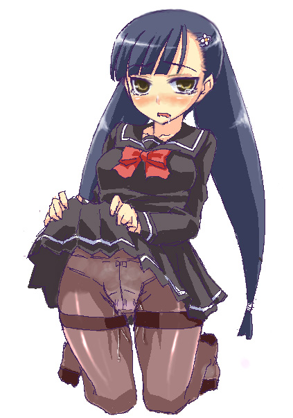 nururyun, shindou yuzu, sanpakugan no kanojo, 1girl, :o, black serafuku, blue hair, blunt bangs, blush, bow, bow panties, bowtie, clothed sex, clothes lift, dildo, dildo under clothes, dildo under panties, discreet vibrator, drooling, feet, female focus, flower, full body, grey pantyhose, hair flower, hair ornament, kneeling, lifting own clothes, long hair, looking at viewer, no shoes, oekaki, open mouth, panties, panties under pantyhose, pantyhose, pleated skirt, pussy juice, ribbon, saliva, sanpaku, school uniform, serafuku, sex toy, simple background, skirt, skirt lift, socks, solo, tears, thighband pantyhose, twintails, underwear, very long hair, vibrator, vibrator under clothes, white background, white panties, yellow eyes