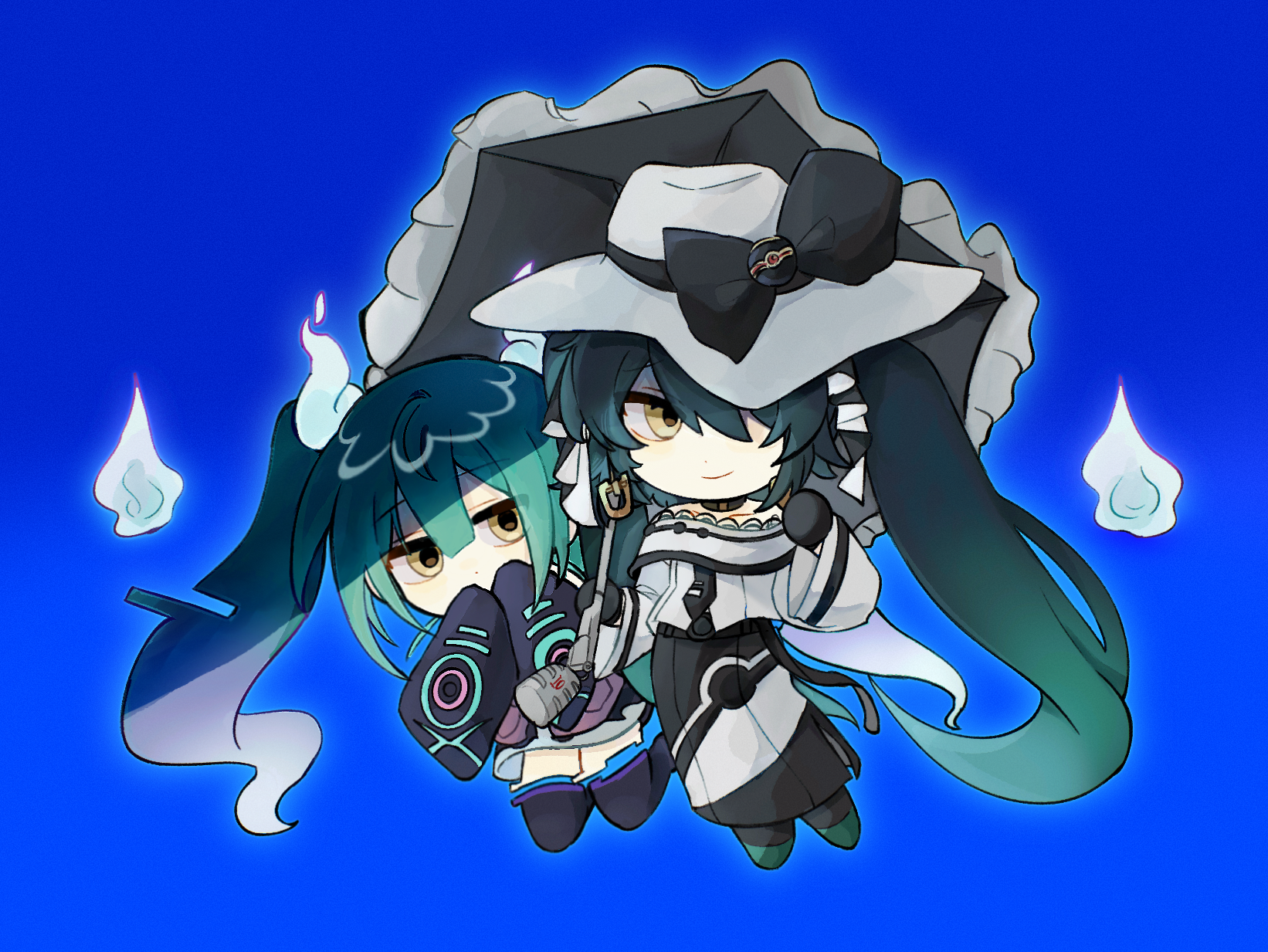 gongs0313, dark miku (project voltage), ghost miku (project voltage), hatsune miku, nintendo, pokemon, project voltage, vocaloid, highres, 2girls, absurdly long hair, bare shoulders, black boots, black bow, black choker, black gloves, black hair, black skirt, black umbrella, blue background, boots, bow, center-flap bangs, chibi, chibi only, choker, closed mouth, collarbone, covered mouth, dot nose, double-parted bangs, dual persona, floating, frilled shirt, frilled umbrella, frills, full body, gloves, gradient hair, green hair, green shoes, hair between eyes, hair over one eye, hat, hat bow, holding, holding umbrella, long hair, long skirt, long sleeves, looking at viewer, multicolored hair, multiple girls, off-shoulder shirt, off shoulder, one eye covered, outline, pale skin, pleated skirt, shirt, shoes, simple background, skirt, sleeves past fingers, sleeves past wrists, smile, standing, thigh boots, thighhighs, twintails, two-tone hair, umbrella, very long hair, white hat, white outline, white shirt, wide sleeves, yellow eyes, zettai ryouiki