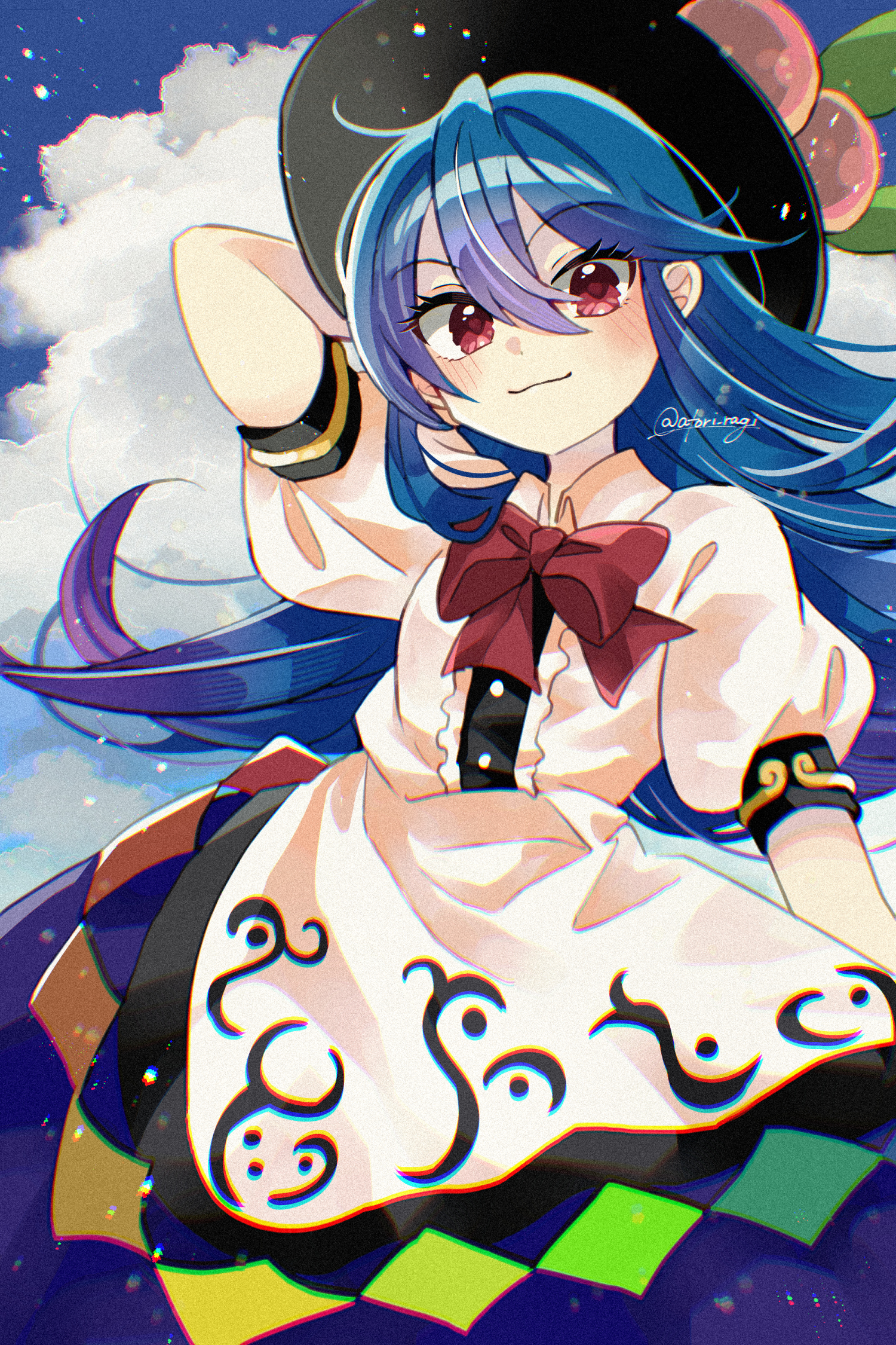 katsuragi atori, hinanawi tenshi, touhou, commentary request, highres, 1girl, apron, arm up, black hat, blue hair, blue sky, blush, bow, bowtie, closed mouth, cloud, cloudy sky, collared shirt, day, food, fruit, hat, hat ornament, leaf hat ornament, long hair, looking at viewer, peach, peach hat ornament, puffy short sleeves, puffy sleeves, purple skirt, rainbow order, red bow, red bowtie, red eyes, shirt, short sleeves, skirt, sky, smile, solo, twitter username, very long hair, waist apron, white apron, white shirt
