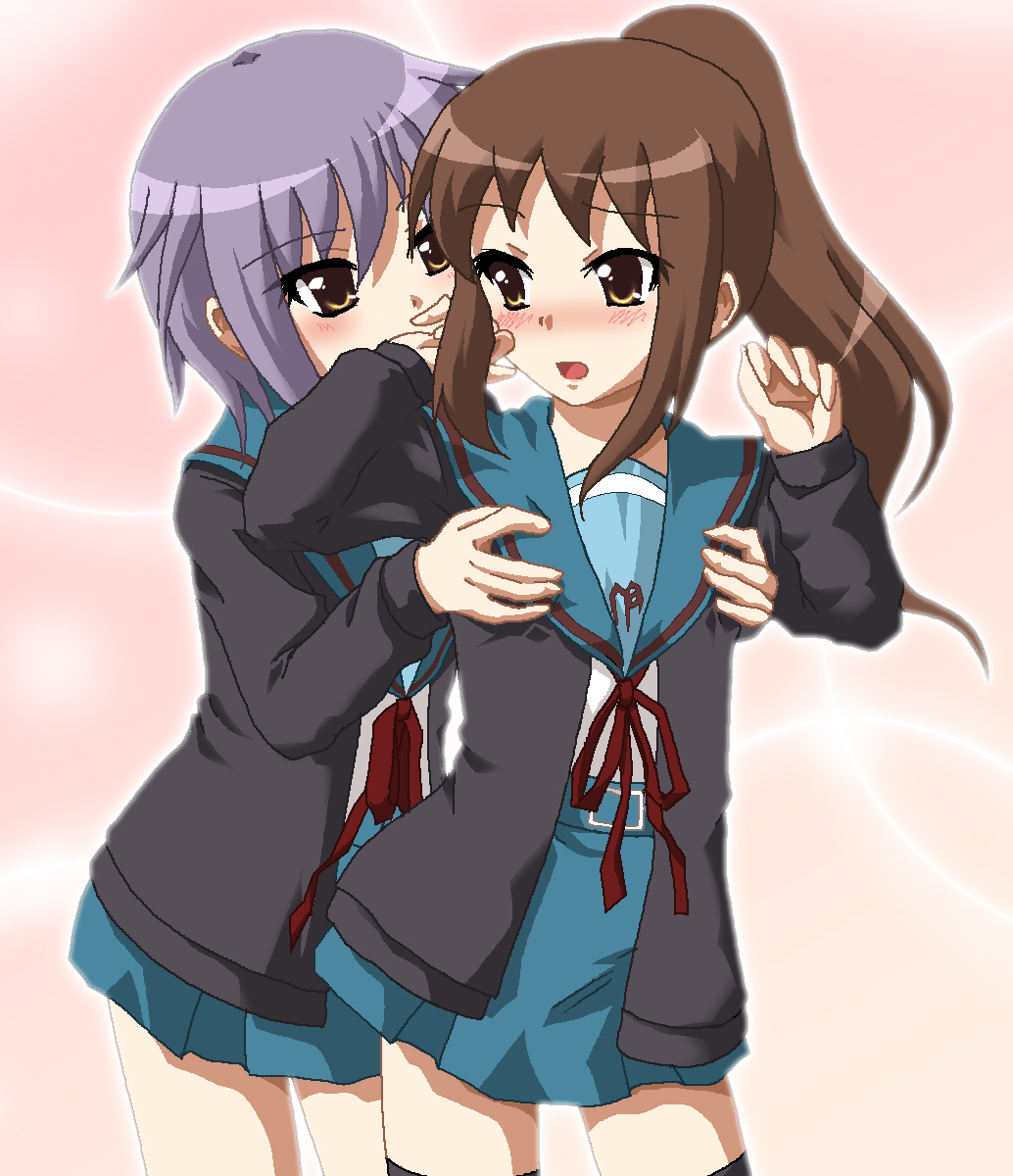 hayashiya zankurou, kyonko, nagato yuki, suzumiya haruhi no yuuutsu, highres, 00s, 2girls, blush, breasts, cardigan, genderswap, genderswap (mtf), grabbing another's breast, groping, multiple girls, oekaki, ponytail, school uniform, serafuku, small breasts, thighhighs
