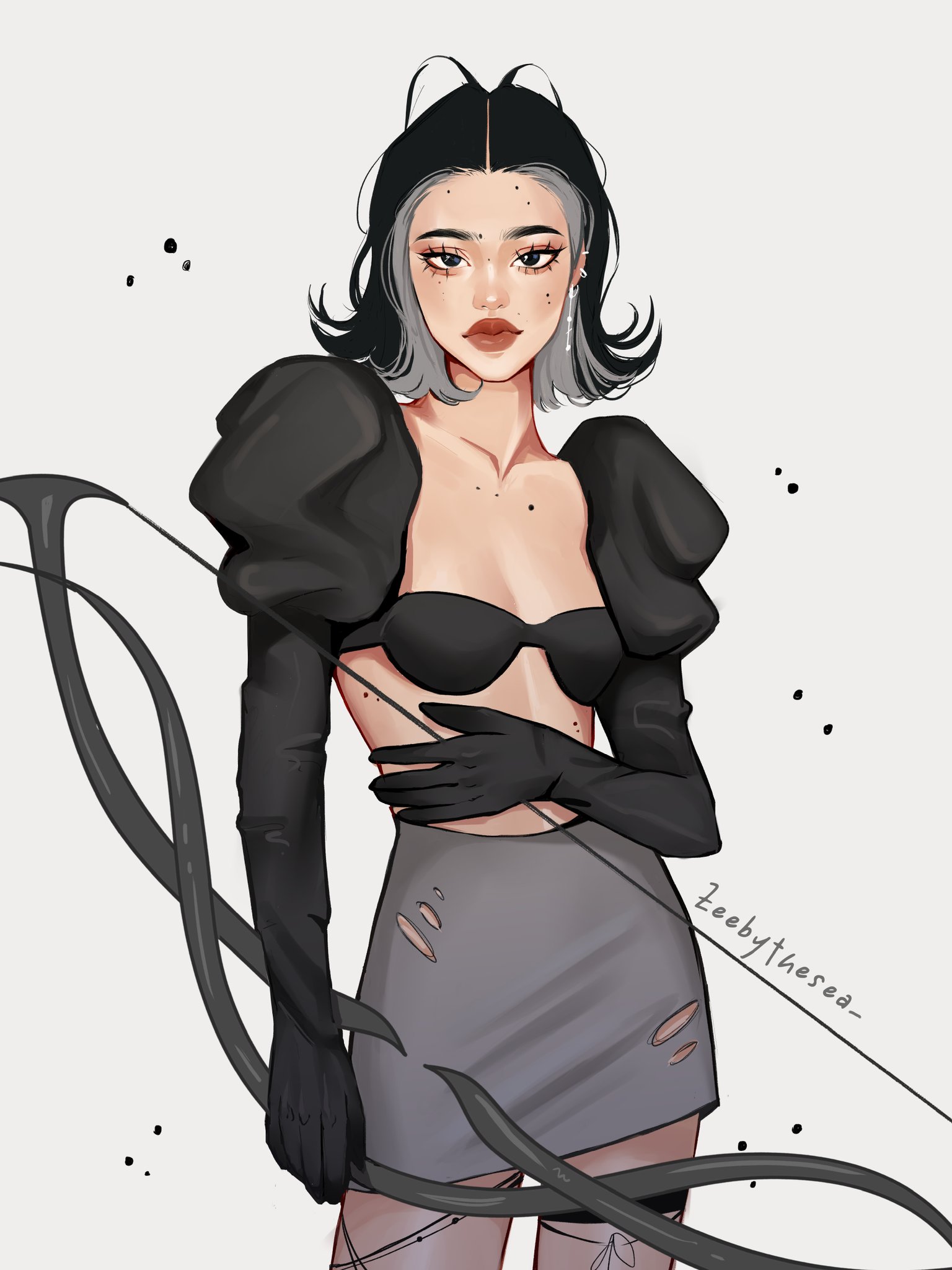 zeebythesea, original, highres, 1girl, arrow (projectile), artist name, asian, black eyes, black gloves, black hair, black sleeves, closed mouth, colored inner hair, cowboy shot, crop top, ear piercing, earrings, elbow gloves, eyelashes, fashion, flipped hair, forehead, gloves, grey hair, grey skirt, hair behind ear, hand on own stomach, high-waist skirt, holding, holding arrow, jewelry, juliet sleeves, light particles, long sleeves, looking at viewer, low neckline, mei (zeebythesea), mole, mole on cheek, mole on chest, mole on forehead, mole on stomach, multicolored hair, pantyhose, piercing, puffy sleeves, short hair, single earring, skirt, strapless, thick eyebrows, thick lips, thigh strap, torn clothes, torn skirt, white background
