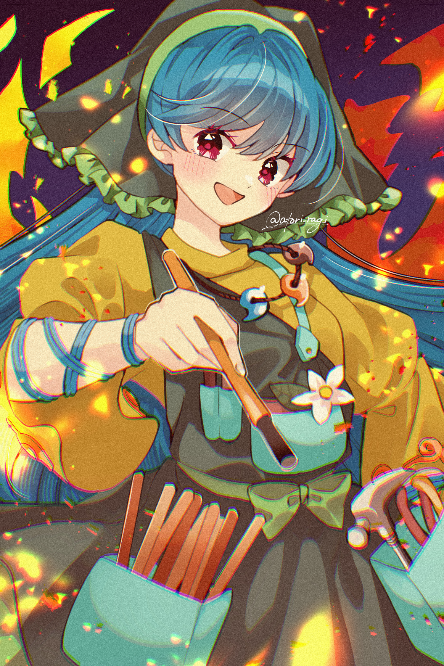 katsuragi atori, haniyasushin keiki, touhou, commentary request, highres, 1girl, apron, arm ribbon, blue hair, blush, breasts, dress, fire, flower, green apron, green headscarf, hammer, headscarf, holding, jewelry, long hair, looking at viewer, magatama, magatama necklace, necklace, open mouth, ribbon, single strap, smile, solo, tools, twitter username, very long hair, white flower, wood carving tool, yellow dress