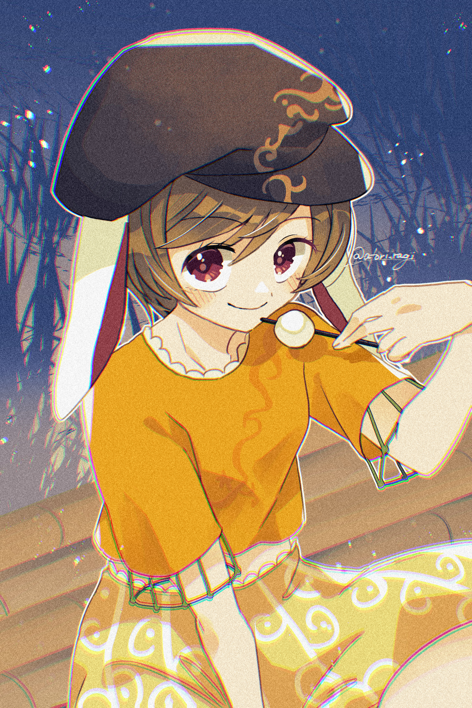 katsuragi atori, ringo (touhou), touhou, commentary request, highres, 1girl, blonde hair, brown hat, closed mouth, dango, flat cap, floppy ears, food, hat, holding, holding skewer, looking at viewer, orange shirt, red eyes, shirt, short sleeves, shorts, sitting, skewer, smile, solo, twitter username, wagashi, yellow shorts