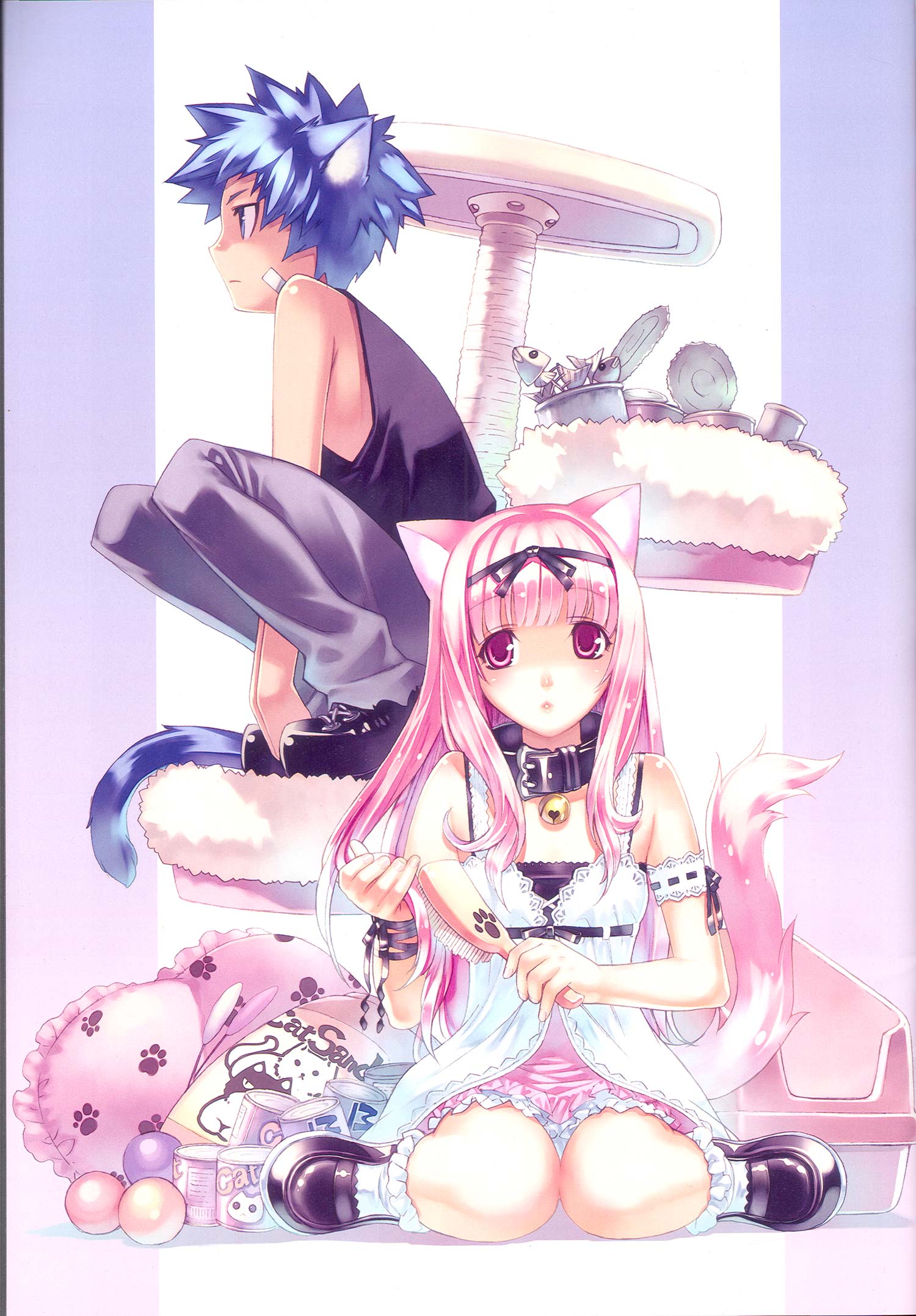 hirano katsuyuki, highres, 1boy, 1girl, animal ears, blue eyes, blue hair, collar, couple, hair brush, hetero, pink eyes, pink hair