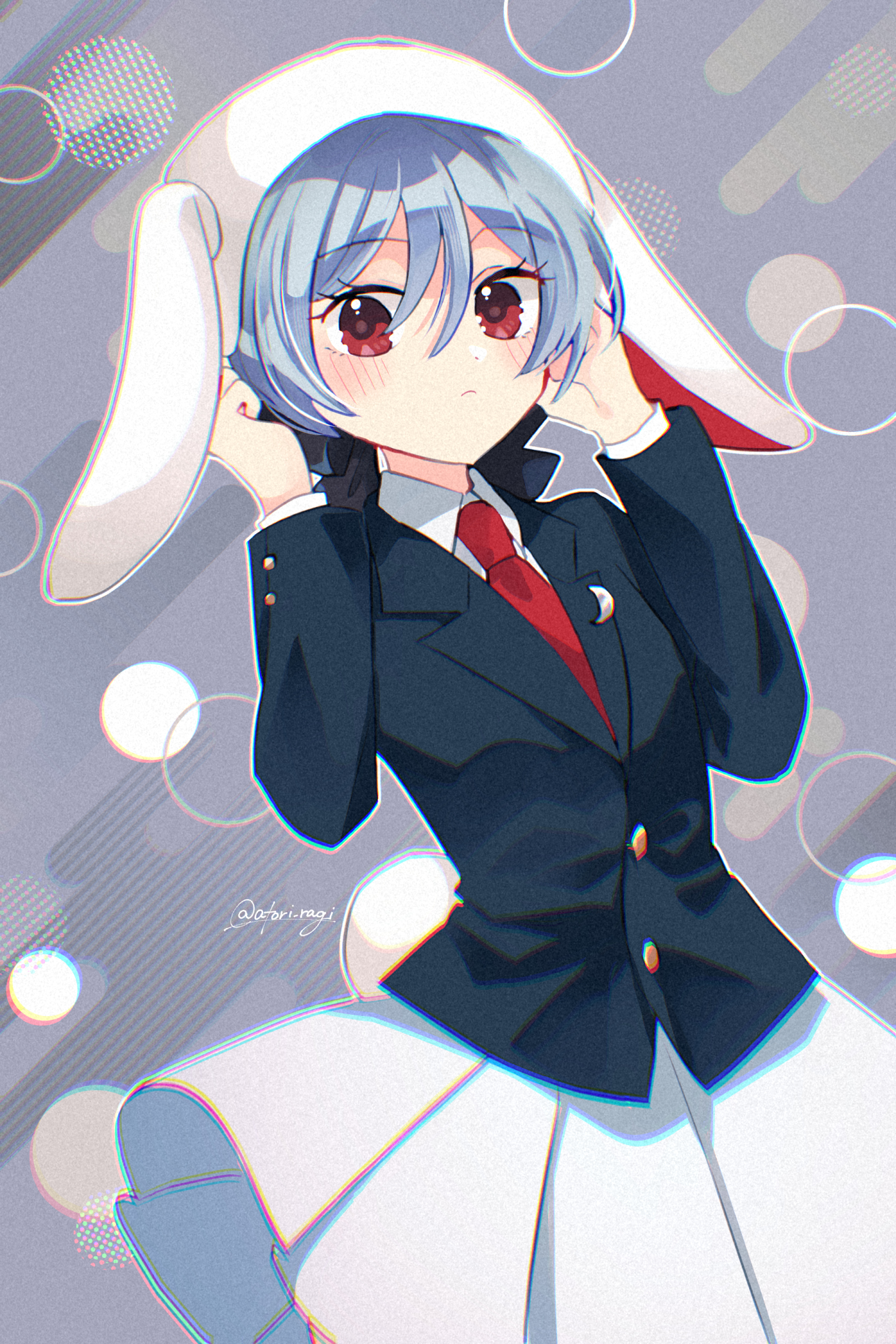 katsuragi atori, reisen (touhou bougetsushou), touhou, commentary request, highres, 1girl, animal ears, black jacket, blue hair, blush, circle, closed mouth, collared shirt, crescent, crescent pin, floppy ears, helmet, jacket, long sleeves, looking at viewer, necktie, pleated skirt, rabbit ears, rabbit girl, rabbit tail, red eyes, red necktie, shirt, short hair, skirt, solo, tail, twitter username, white helmet, white shirt, white skirt