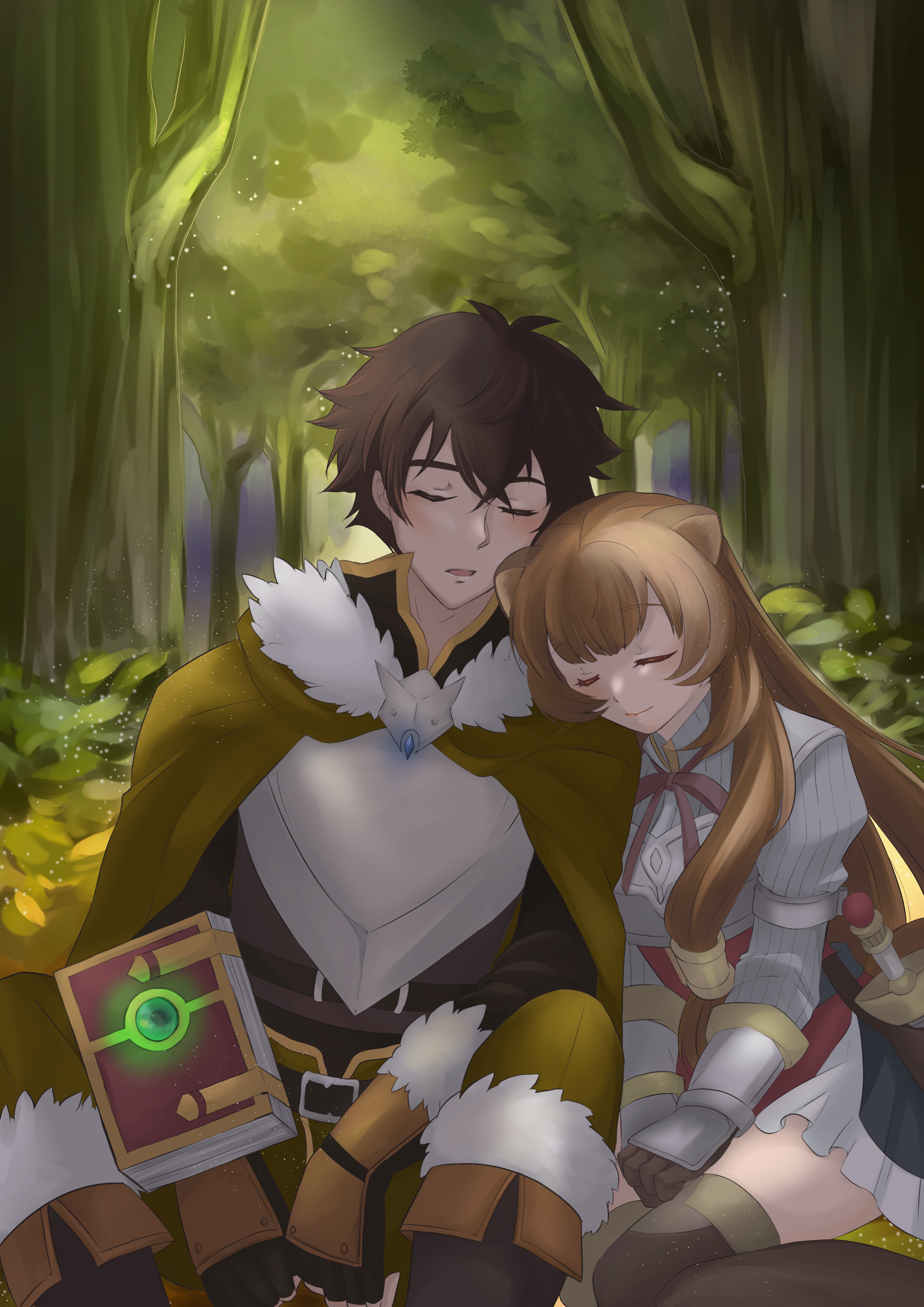kasakasako, iwatani naofumi, raphtalia, tate no yuusha no nariagari, absurdres, commentary request, commission, highres, skeb commission, 1boy, 1girl, animal ears, armor, armored gloves, between legs, black dress, black gloves, black hair, black shirt, boots, breastplate, brown boots, brown gloves, brown hair, brown shirt, cloak, closed eyes, closed mouth, collared dress, couple, dress, elbow gloves, eyelashes, fingerless gloves, forest, fur-trimmed boots, fur-trimmed cloak, fur-trimmed gloves, fur trim, gloves, green cloak, hair between eyes, hand between legs, high collar, hood, hood down, hooded cloak, knee boots, layered shirt, leaning on person, legendary shield (book shield) (tate no yuusha no nariagari), legendary shield (tate no yuusha no nariagari), long hair, long sleeves, messy hair, metal arm cuffs, metal hair tubes, metal wrist cuffs, nature, neck ribbon, open mouth, outdoors, pinstripe dress, pinstripe pattern, raccoon ears, raccoon girl, raccoon tail, red dress, red ribbon, ribbon, shirt, short dress, short hair, short sleeves, sitting, sleeping, sleeping together, sleeveless, sleeveless dress, smile, straight hair, tail, thigh boots, thighhighs, two-tone dress, wariza, white dress, zettai ryouiki