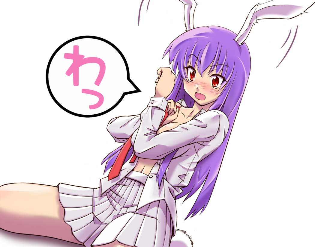 shirosa, reisen udongein inaba, touhou, 1girl, animal ears, blush, dress shirt, female focus, long hair, open clothes, open mouth, open shirt, pleated skirt, purple hair, rabbit ears, rabbit girl, rabbit tail, red eyes, shirt, sitting, skirt, solo, speech bubble, surprised, tail, wariza