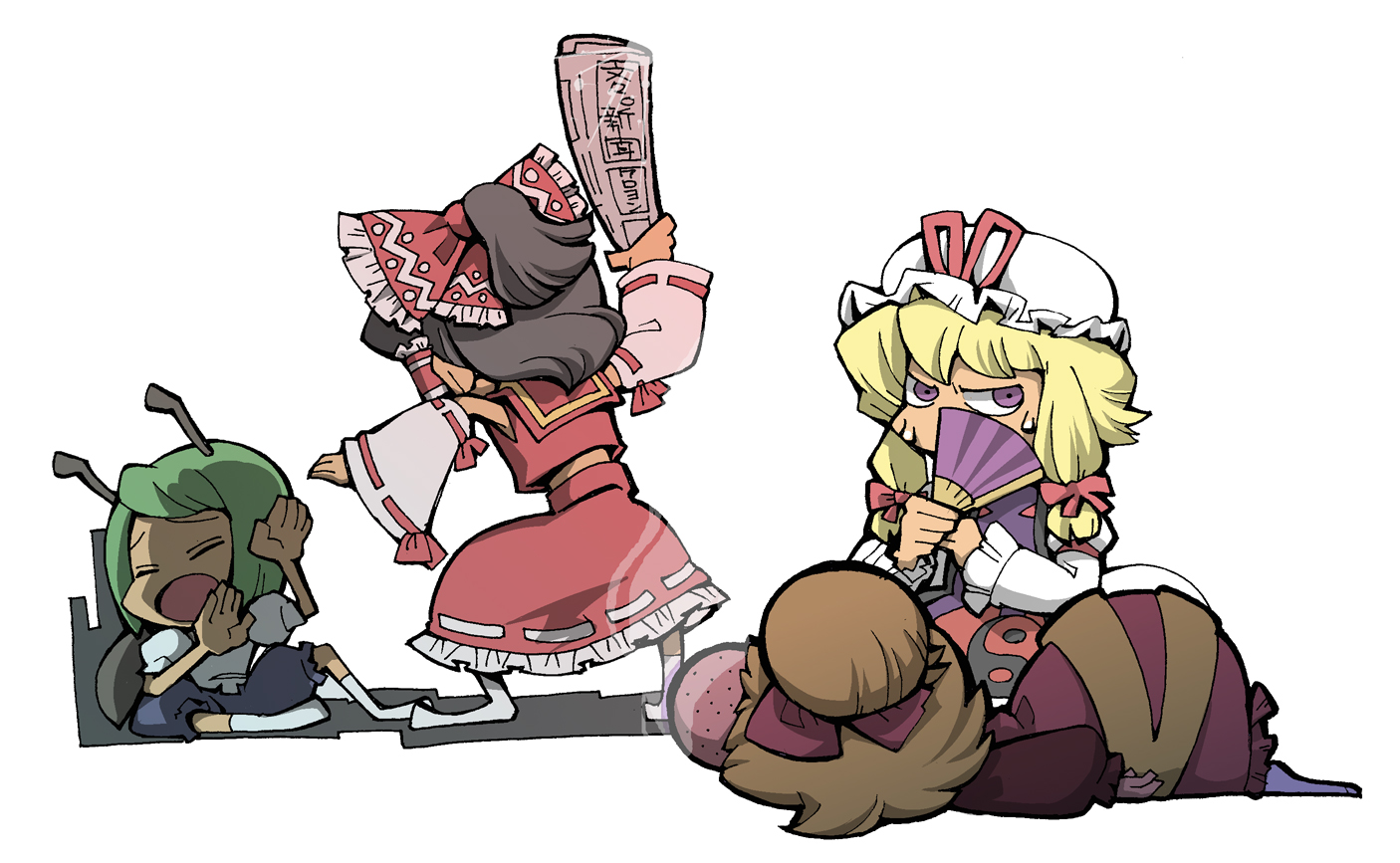 hounori, hakurei reimu, kurodani yamame, wriggle nightbug, yakumo yukari, touhou, 4girls, antennae, black hair, blonde hair, chibi, detached sleeves, dress, female focus, green hair, hand fan, hat, japanese clothes, long hair, miko, multiple girls, newspaper, ribbon, short hair, simple background, skirt, white background