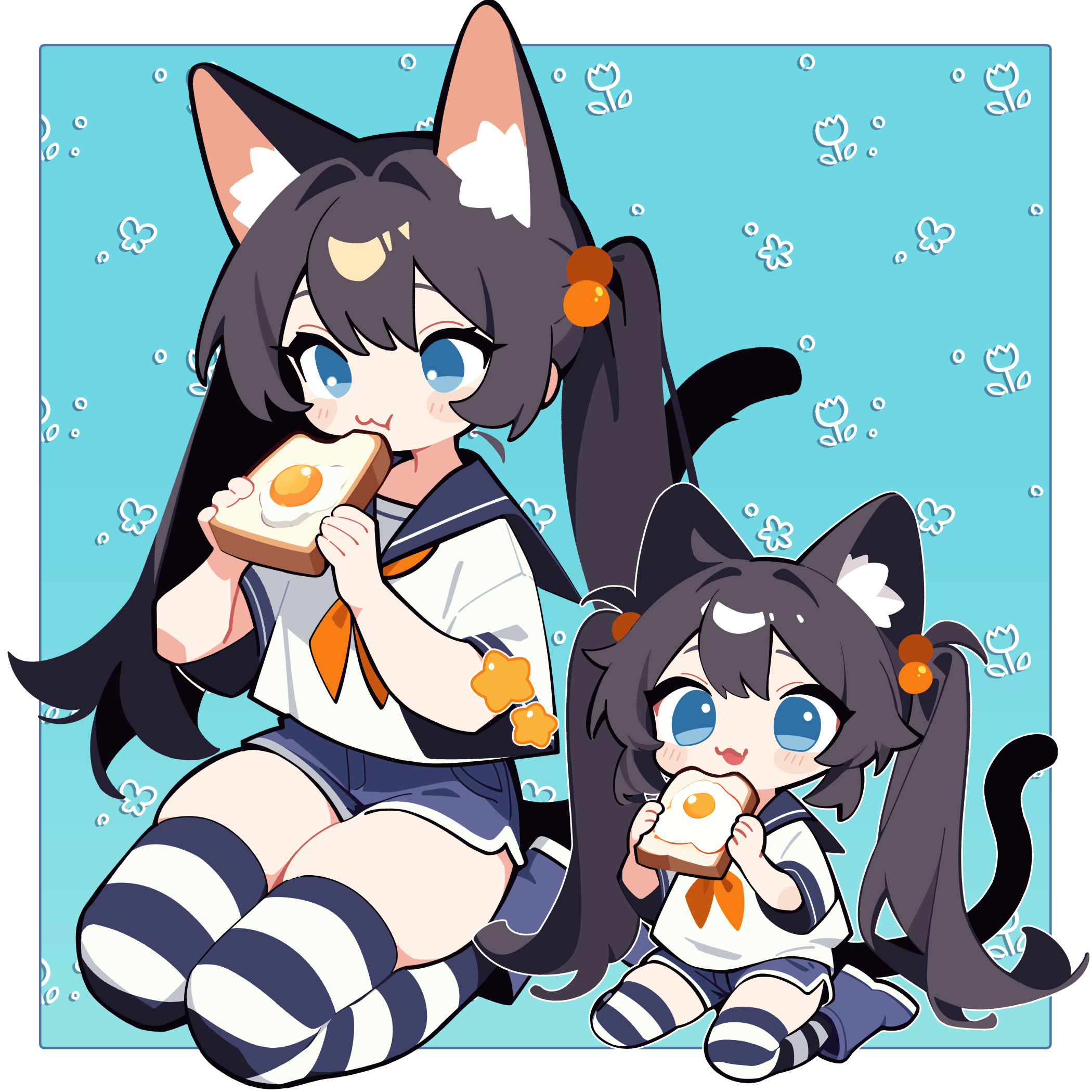llucilab, original, highres, 1girl, :3, animal ear fluff, animal ears, beads, black sailor collar, blue background, blue boots, blue eyes, blue shorts, blue thighhighs, boots, border, bread, bread slice, brown hair, cat ears, cat girl, cat tail, chewing, chibi, closed mouth, denim, denim shorts, eating, egg (food), extra ears, flat chest, food, full body, hair beads, hair between eyes, hair ornament, hands up, holding, holding food, horizontal-striped thighhighs, light blush, long hair, neckerchief, no nose, no pupils, parted lips, raised eyebrows, red neckerchief, rubber boots, sailor collar, school uniform, seiza, serafuku, shirt, short shorts, short sleeves, shorts, sidelocks, sitting, skindentation, star (symbol), striped clothes, striped thighhighs, tail, thighhighs, thighs, twintails, very long hair, white border, white shirt, white thighhighs