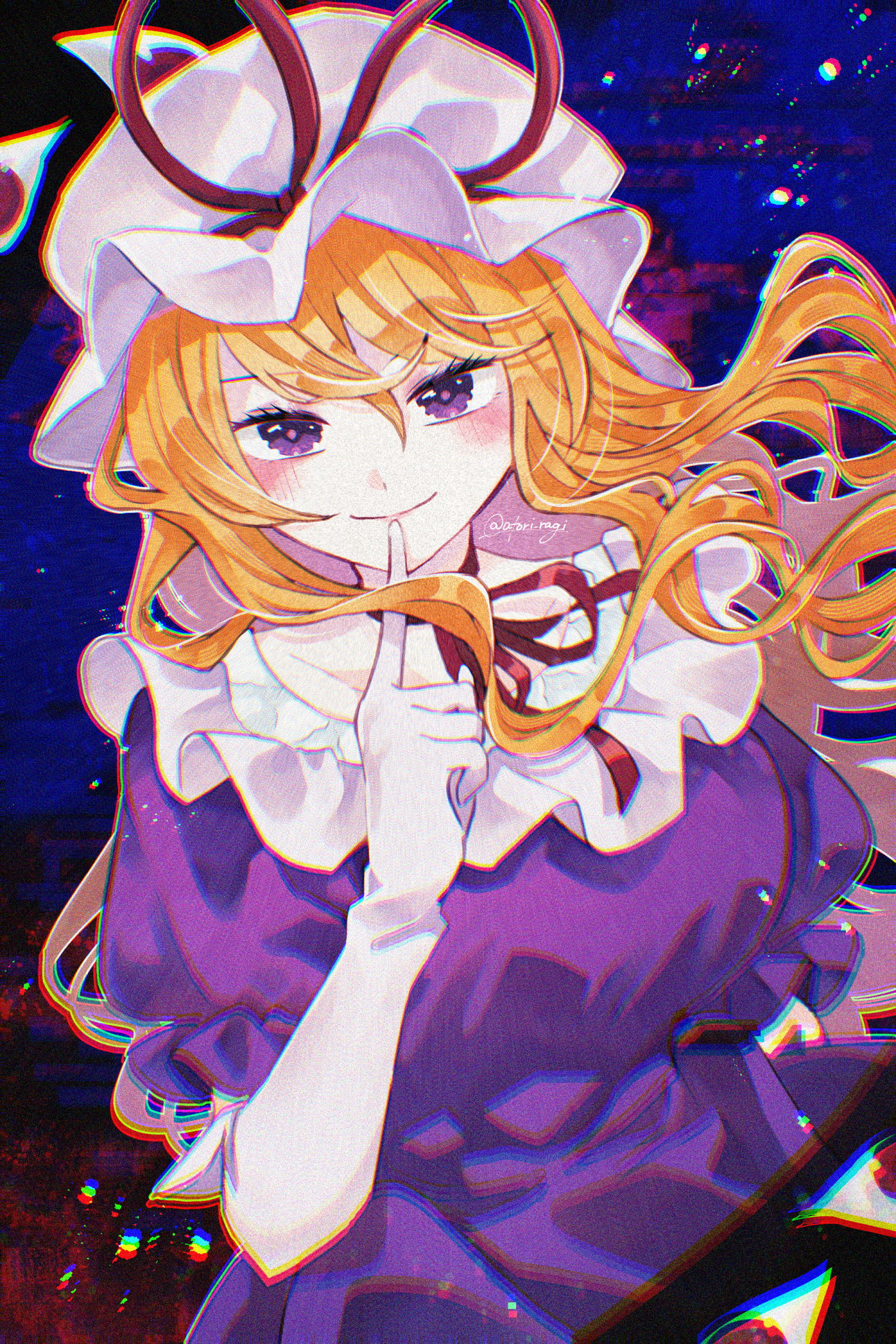 katsuragi atori, yakumo yukari, touhou, commentary request, highres, 1girl, blonde hair, blush, choker, closed mouth, dress, elbow gloves, gap (touhou), gloves, hat, hat ribbon, long hair, looking at viewer, mob cap, purple dress, purple eyes, red ribbon, ribbon, ribbon choker, smile, solo, twitter username, very long hair, white gloves