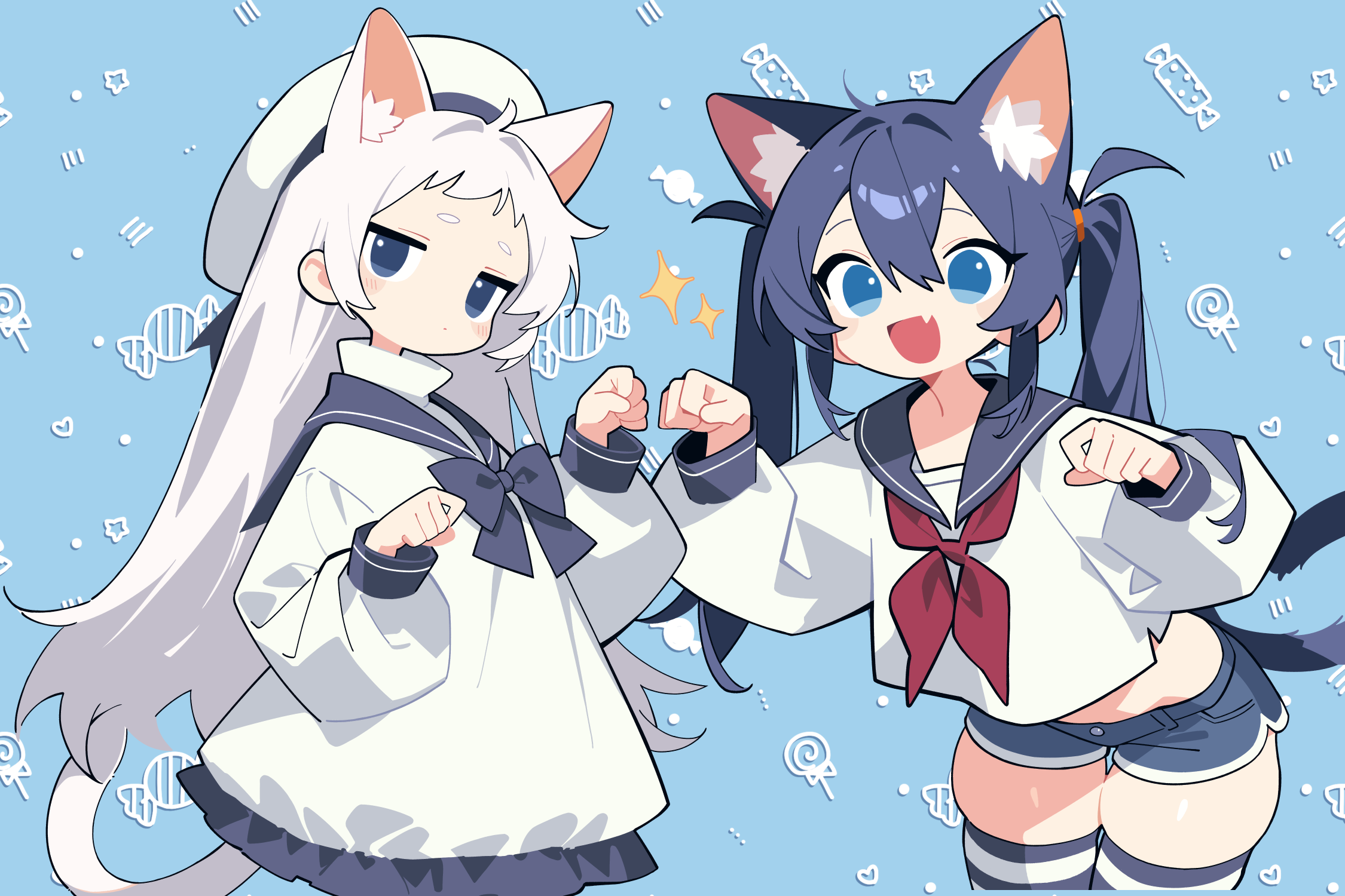 llucilab, original, highres, revision, 2girls, :3, :d, ahoge, animal ear fluff, animal ears, black hair, blue background, blue bow, blue bowtie, blue eyes, blue neckerchief, blue sailor collar, blue shorts, blue thighhighs, blue trim, bow, bowtie, cat ears, cat girl, cat tail, closed mouth, cowboy shot, cropped shirt, denim, denim shorts, dress, extra ears, fang, flat chest, hair between eyes, hands up, hat, high collar, horizontal-striped thighhighs, leaning forward, light blush, long hair, long sleeves, looking at viewer, midriff, multiple girls, neckerchief, open mouth, paw pose, puffy long sleeves, puffy sleeves, raised eyebrows, sailor collar, sailor dress, sailor hat, school uniform, serafuku, shirt, short dress, short shorts, shorts, sidelocks, skin fang, skindentation, smile, standing, striped clothes, striped thighhighs, tail, thighhighs, twintails, very long hair, white dress, white hair, white hat, white shirt, white thighhighs