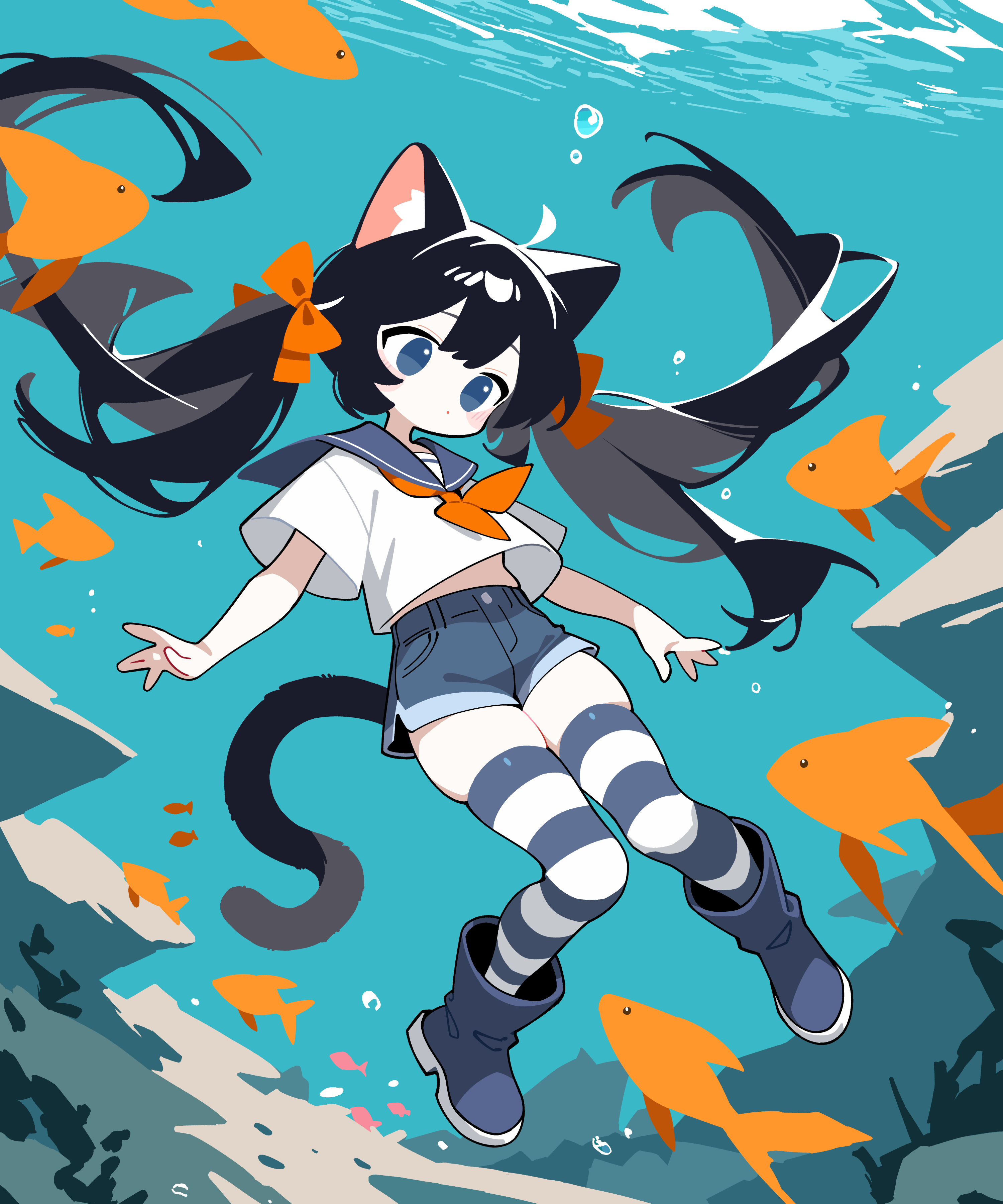 llucilab, original, absurdres, highres, 1girl, animal ears, black hair, blue eyes, blue sailor collar, blue shorts, bow, bubble, cat ears, cat girl, cat tail, fish, full body, long hair, neckerchief, sailor collar, school uniform, serafuku, shirt, shorts, solo, tail, thighhighs, twintails, underwater, very long hair, white shirt