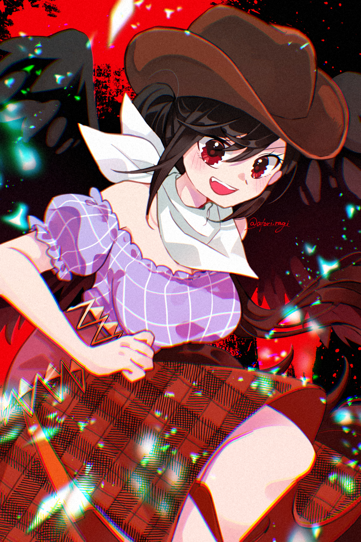 katsuragi atori, kurokoma saki, touhou, commentary request, highres, 1girl, bandana, bandana around neck, black hair, black wings, blush, breasts, brown hat, cowboy hat, feathered wings, hat, long hair, looking at viewer, off-shoulder shirt, off shoulder, open mouth, puffy short sleeves, puffy sleeves, red eyes, shirt, short sleeves, smile, solo, twitter username, white bandana, wings