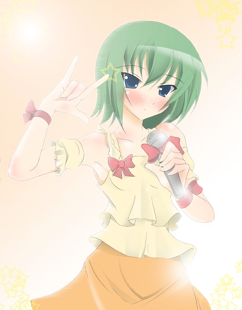 kuro inu, kuroinu (sonoba shinogi), iwasaki minami, ranka lee, lucky star, macross, macross frontier, 1girl, blue eyes, cosplay, female focus, green hair, m/, microphone, ranka lee (cosplay), seikan hikou, short hair, solo