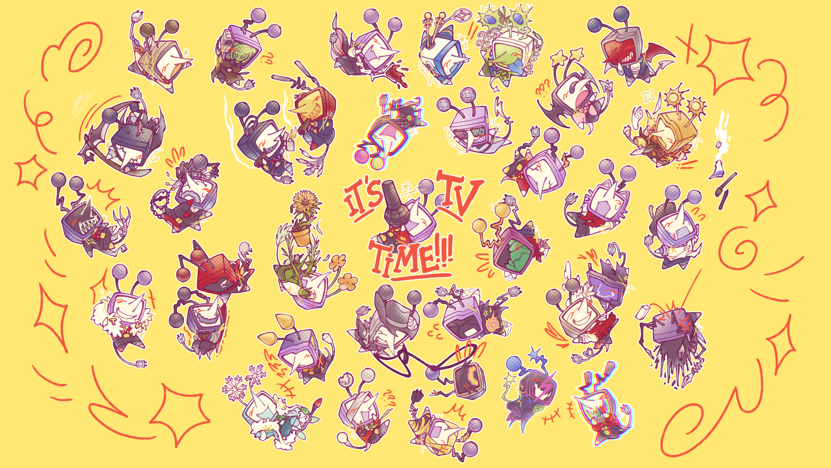 ant tenna, deltarune, utdr (toby fox), highres, !, !!, +++, 6+boys, ?, ??, ^^^, alternate universe, animal ears, apron, belt, beret, black belt, black hat, black pants, blue tongue, blush, bow, bowtie, cable, cable tail, cape, cat ears, chibi, chibi only, chromatic aberration, cigar, closed mouth, colored tongue, cowboy hat, crt, cup, defernull, demon tail, demon wings, electric plug, electric plug tail, english text, fang, flower, flying sweatdrops, grin, hat, holding, holding cigar, holding cup, holding lasso, holding lighter, holding microphone, holding scythe, iiranunculus, lasso, lighter, long nose, male focus, mechanical tail, microphone, multiple boys, multiple persona, object head, open mouth, outline, pants, pointy nose, radio antenna, red apron, red bow, red bowtie, scythe, sharp teeth, shirt, simple background, skin fang, smile, smoking, star (symbol), sunflower, sunglasses, tail, tailcoat, teeth, tongue, tongue out, vampire costume, whiskers, white apron, white outline, white shirt, wings, yellow background