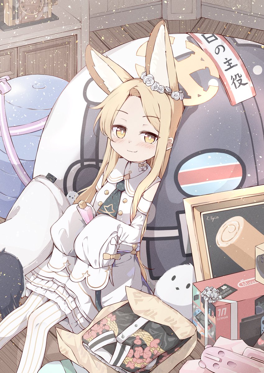 kyouwashi, seia (blue archive), blue archive, highres, 1girl, animal ears, birthday, blonde hair, blush, dress, fox ears, gift, hair ornament, halo, long hair, long sleeves, pantyhose, ribbon, smile, white dress, white pantyhose, yellow eyes, yellow halo