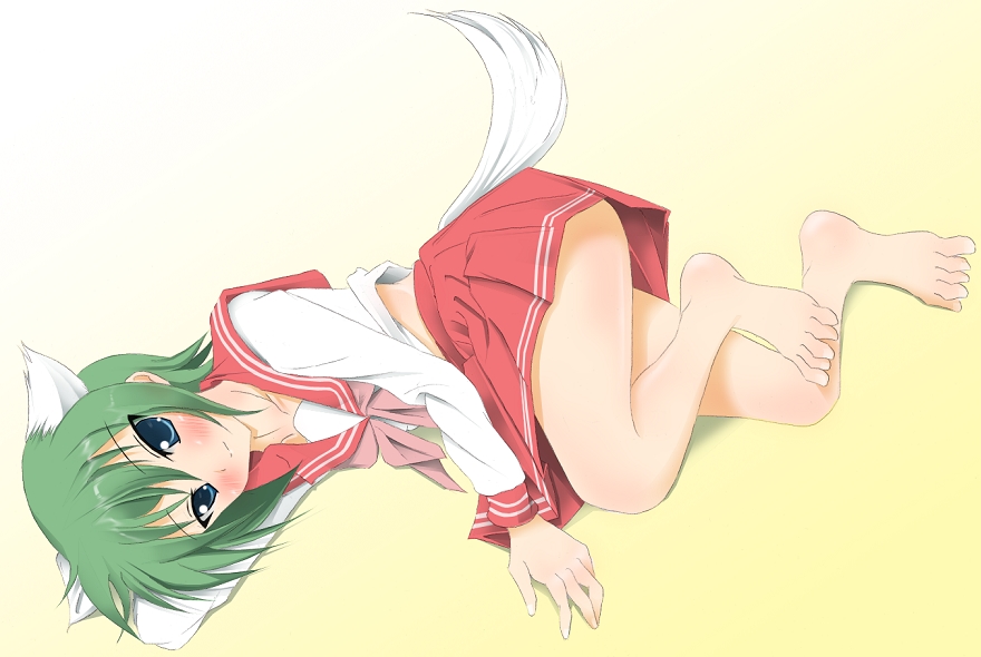kuro inu, kuroinu (sonoba shinogi), iwasaki minami, lucky star, 00s, 1girl, animal ears, bad anatomy, bad feet, barefoot, blue eyes, dog ears, dog tail, feet, female focus, green hair, lying, no legwear, poorly drawn, school uniform, serafuku, short hair, solo, tail