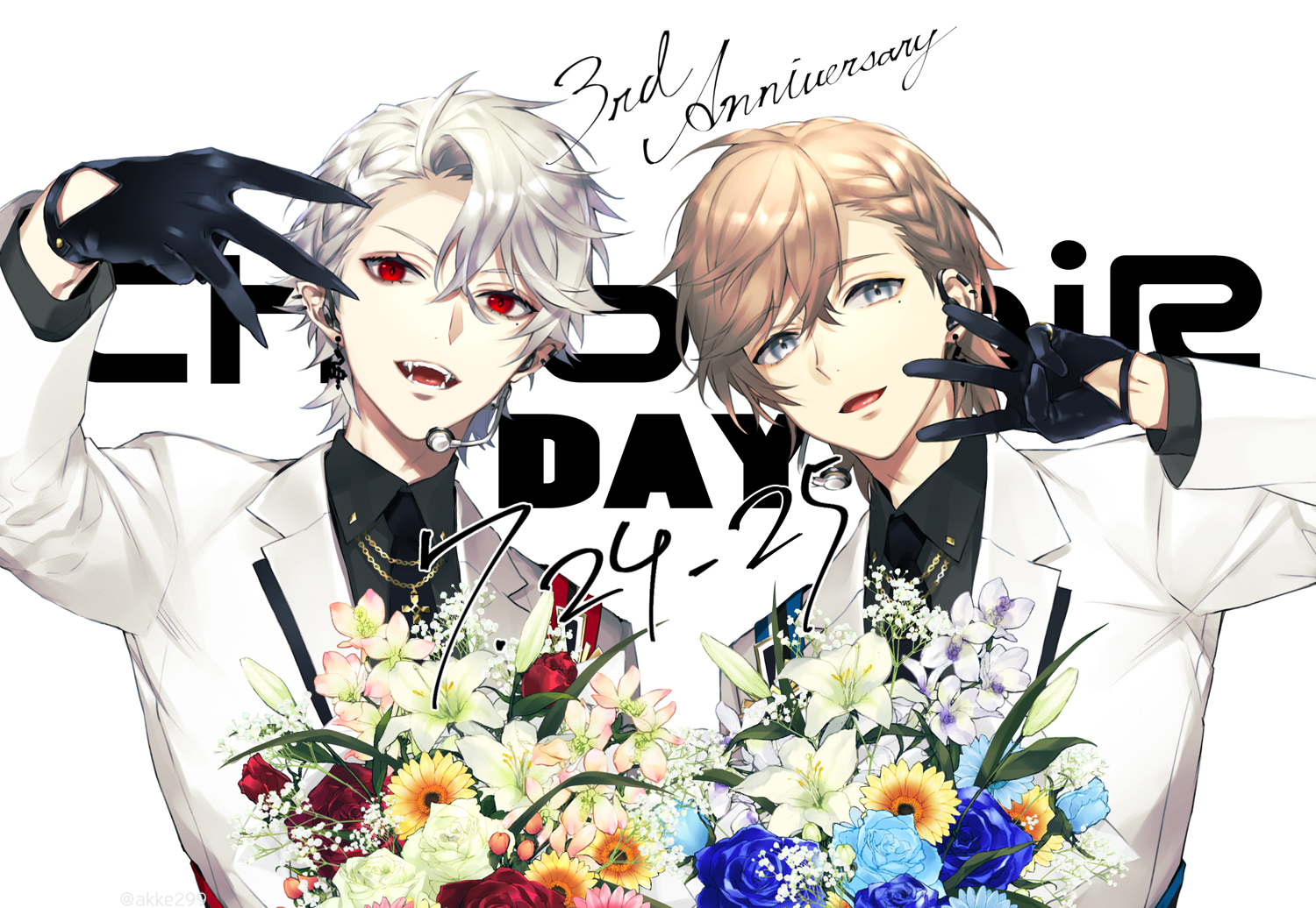 akke (akke299), kanae (nijisanji), kuzuha (nijisanji), nijisanji, official art, 2boys, :d, anniversary, arm up, black gloves, black necktie, black shirt, blue eyes, blue flower, blue rose, bouquet, braid, brown hair, collared shirt, dated, ear piercing, earrings, english text, fangs, flower, formal clothes, gloves, grey eyes, grey hair, hair between eyes, half gloves, hand up, headset, holding, holding bouquet, jacket, jewelry, leaf, long sleeves, looking at viewer, male focus, milestone celebration, mole, mole under eye, multiple boys, necktie, open mouth, orange flower, piercing, pointy ears, purple flower, red eyes, red flower, red rose, rose, shirt, short hair, simple background, smile, suit, sunflower, teeth, upper body, virtual youtuber, w, white background, white flower, white hair, white jacket, white suit, yellow flower