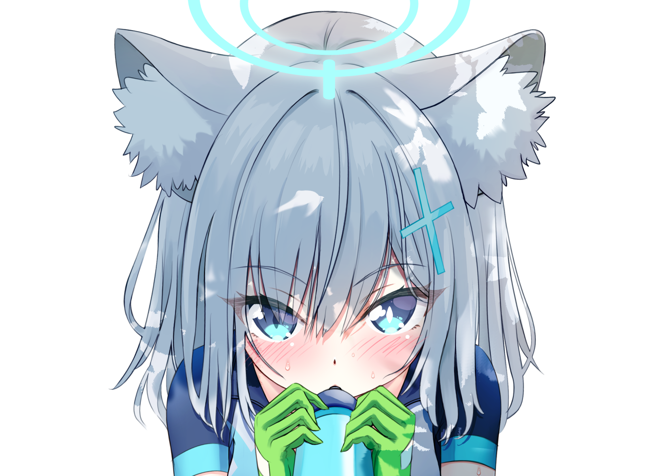 retumihari, shiroko (blue archive), shiroko (cycling) (blue archive), blue archive, commentary, highres, paid reward available, 1girl, animal ear fluff, animal ears, bike jersey, blue eyes, blue halo, blush, bottle, dappled sunlight, day, drinking, eyelashes, eyes visible through hair, gloves, green gloves, grey hair, hair between eyes, halo, holding, holding bottle, looking at viewer, medium hair, official alternate costume, outdoors, short sleeves, simple background, slit pupils, solo, straight-on, sunlight, sweat, upper body, upturned eyes, white background, wolf ears, wolf girl