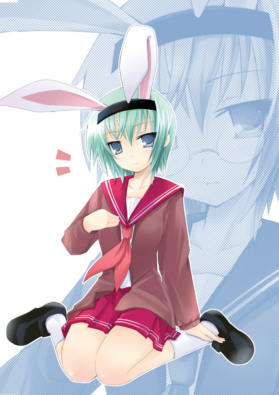 mutou kurihito, iwasaki minami, lucky star, bad id, bad pixiv id, 00s, 1girl, animal ears, blue eyes, female focus, green hair, rabbit ears, school uniform, serafuku, solo, zoom layer