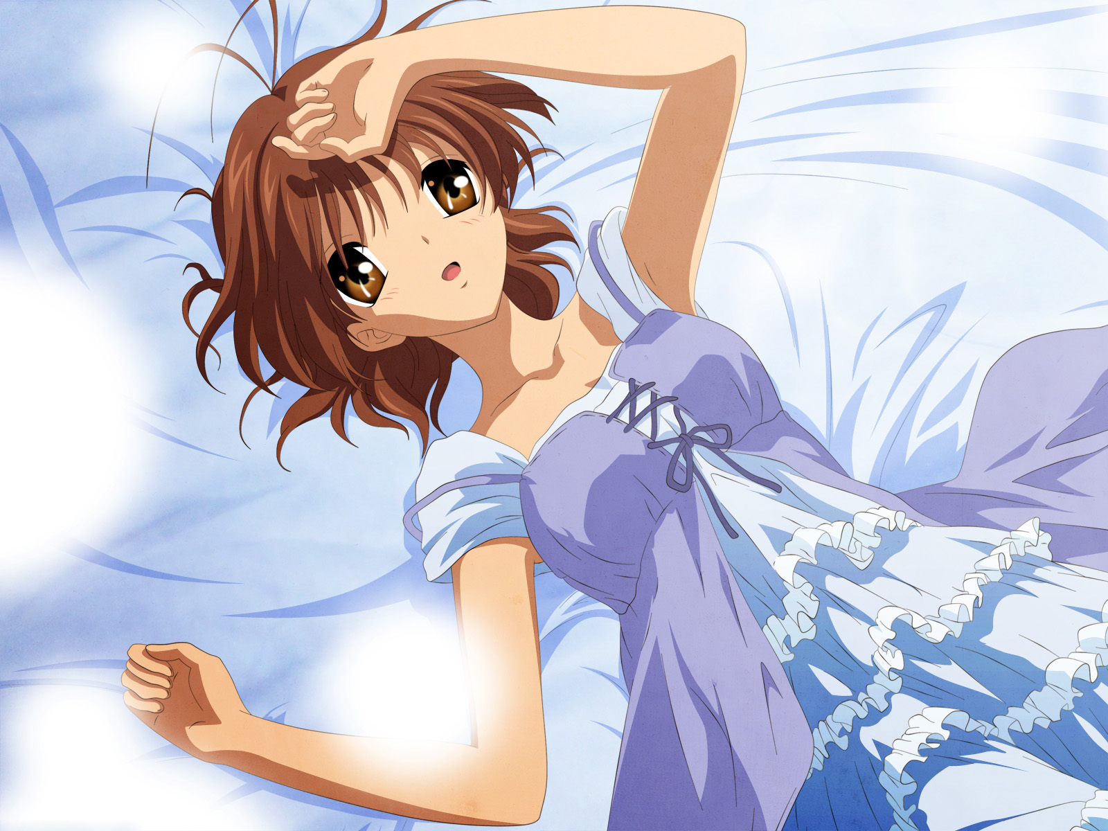 furukawa nagisa, clannad, highres, 00s, antenna hair, bed, brown eyes, brown hair, dress, frills, lying, solo